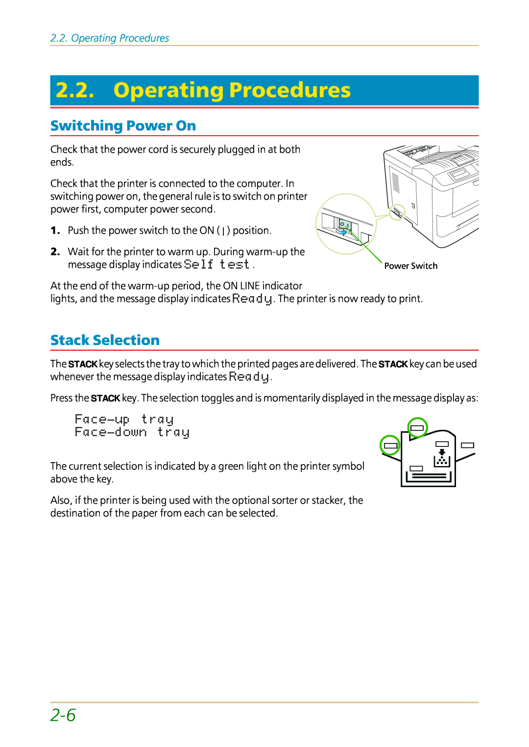 Kyocera FS-1700 user manual Operating Procedures, Switching Power On, Stack Selection 