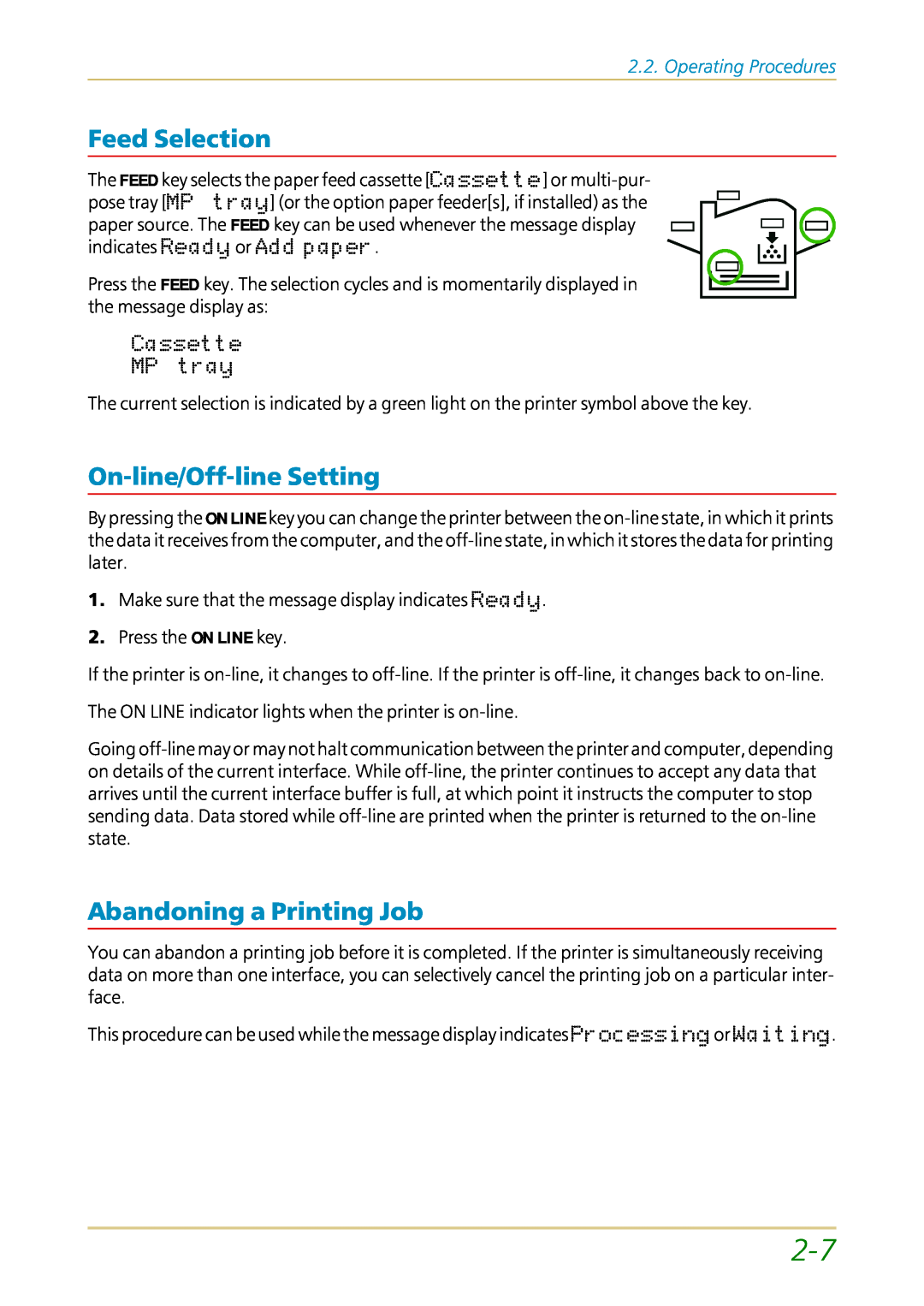 Kyocera FS-1700 user manual Feed Selection, On-line/Off-lineSetting, Abandoning a Printing Job, Operating Procedures 