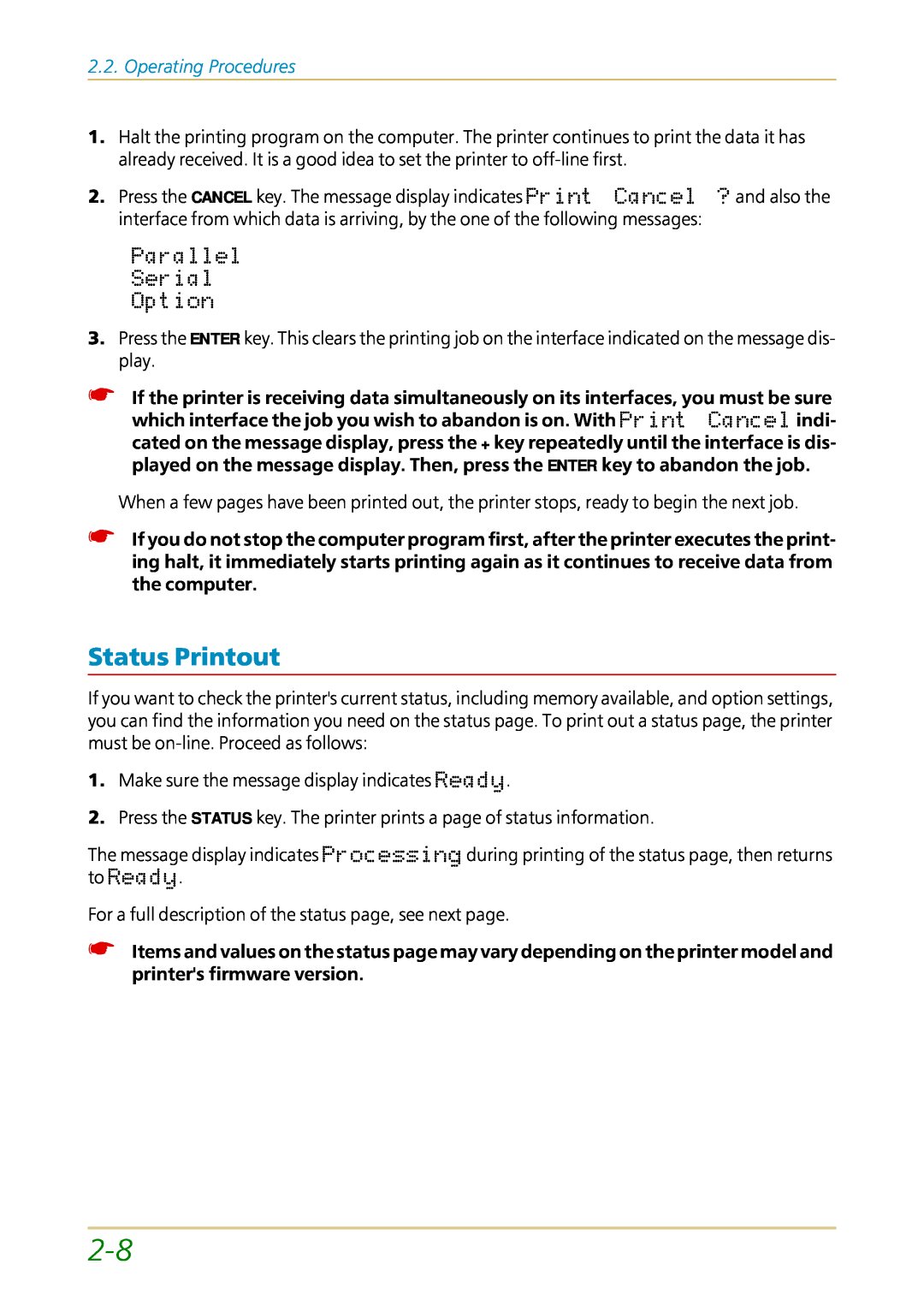 Kyocera FS-1700 user manual Status Printout, Operating Procedures 