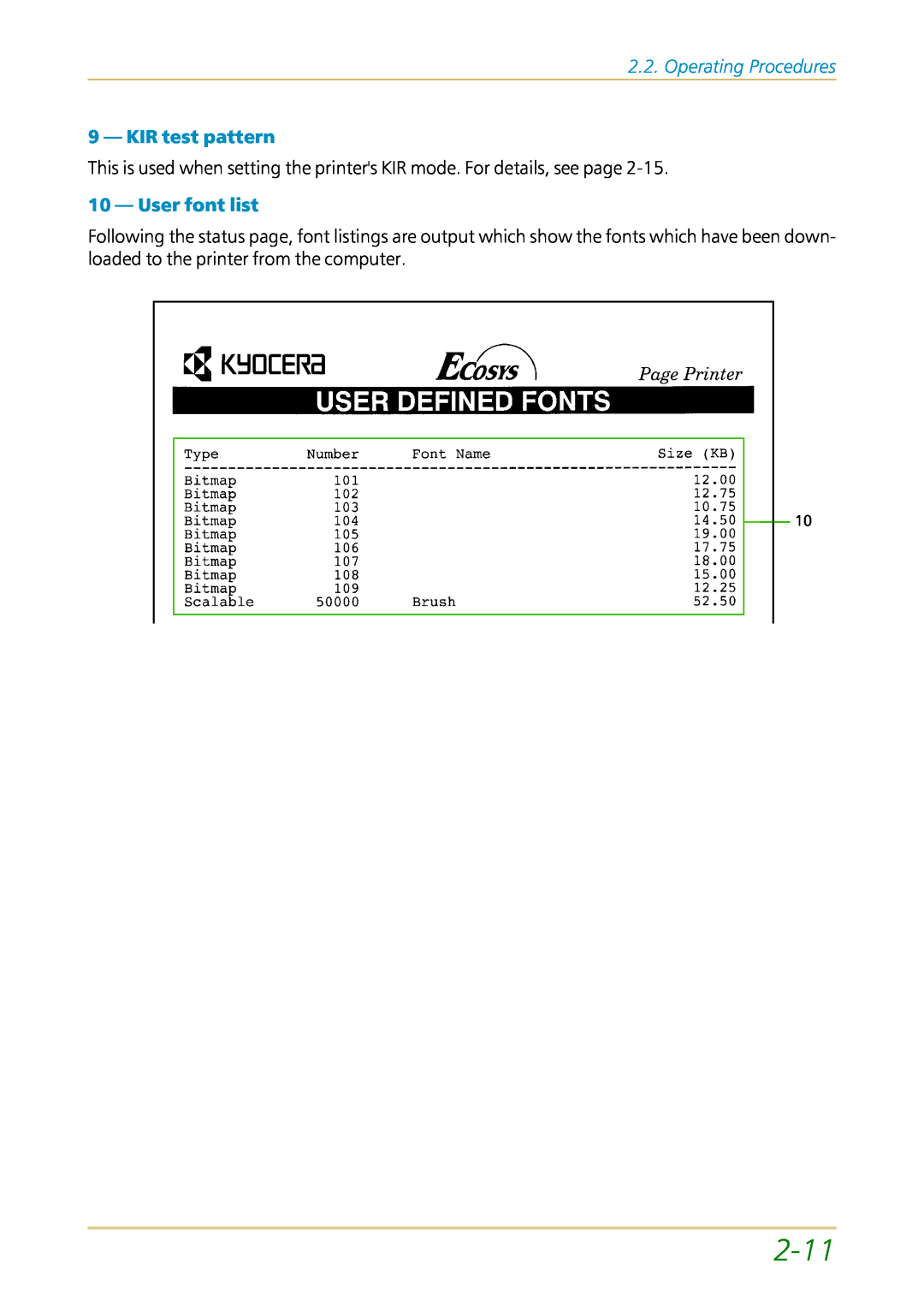 Kyocera FS-1700 user manual 2-11, Operating Procedures, KIR test pattern, User font list 