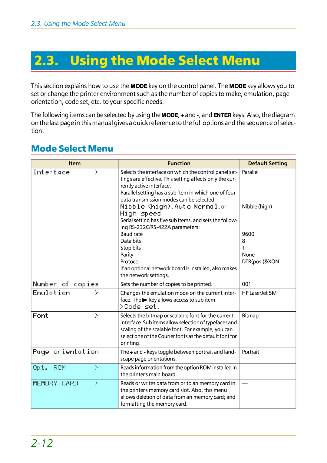 Kyocera FS-1700 user manual Using the Mode Select Menu, 2-12 