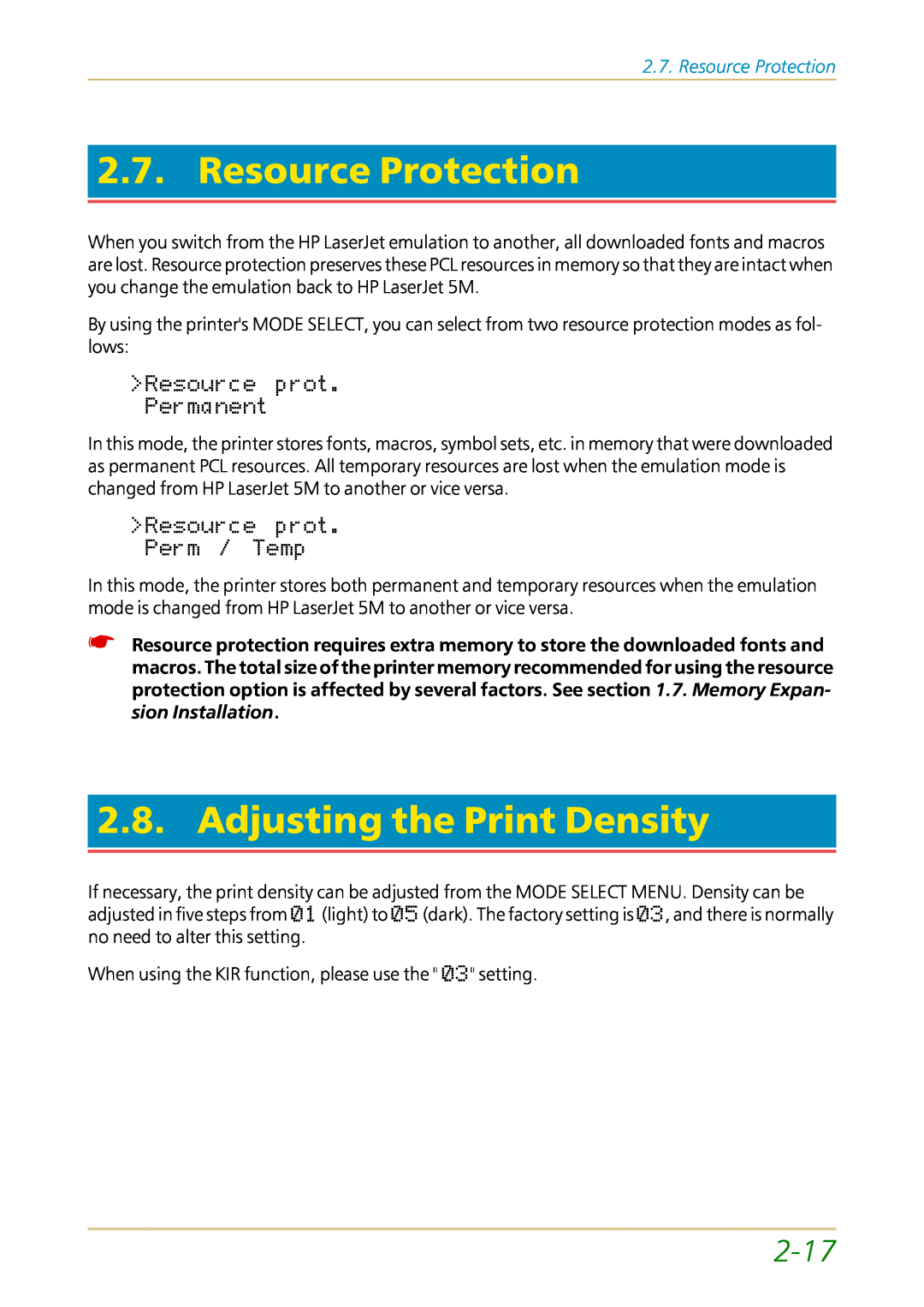 Kyocera FS-1700 user manual Resource Protection, Adjusting the Print Density, 2-17 