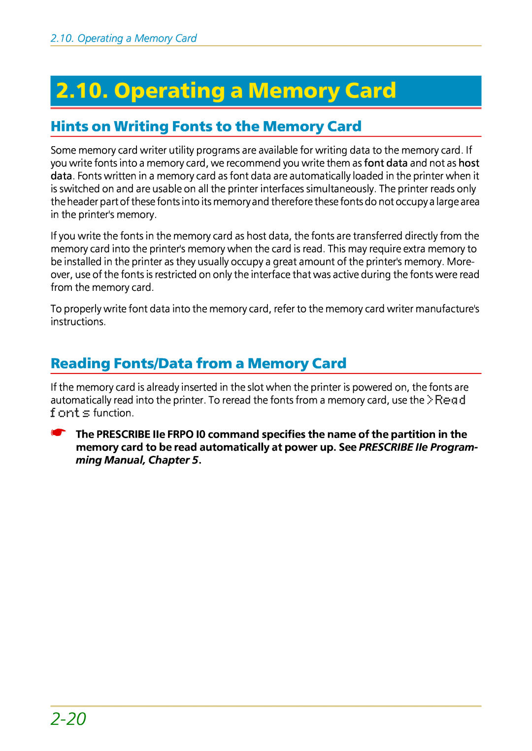 Kyocera FS-1700 user manual Operating a Memory Card, 2-20, Hints on Writing Fonts to the Memory Card 