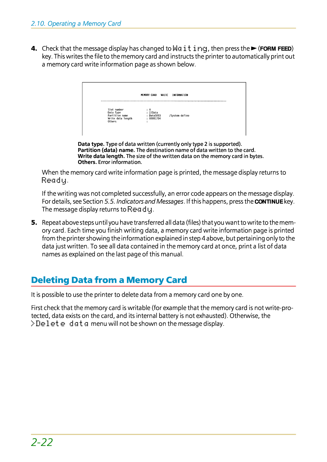Kyocera FS-1700 user manual 2-22, Deleting Data from a Memory Card, Operating a Memory Card 