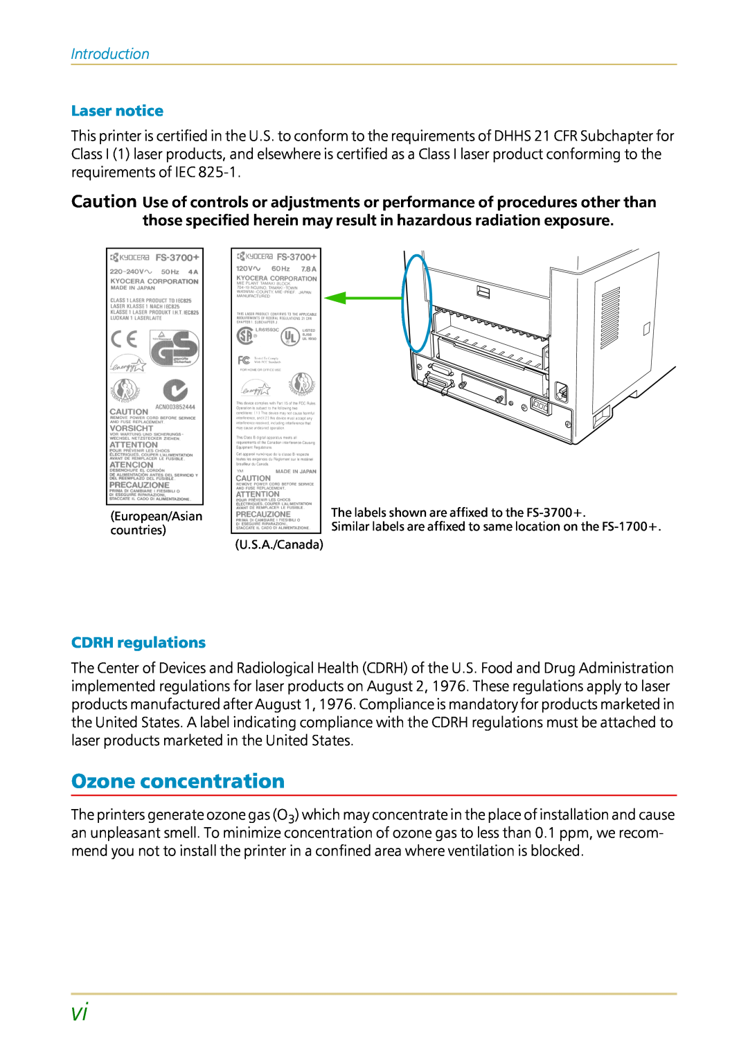 Kyocera FS-1700 user manual Ozone concentration, Introduction, Laser notice, CDRH regulations 