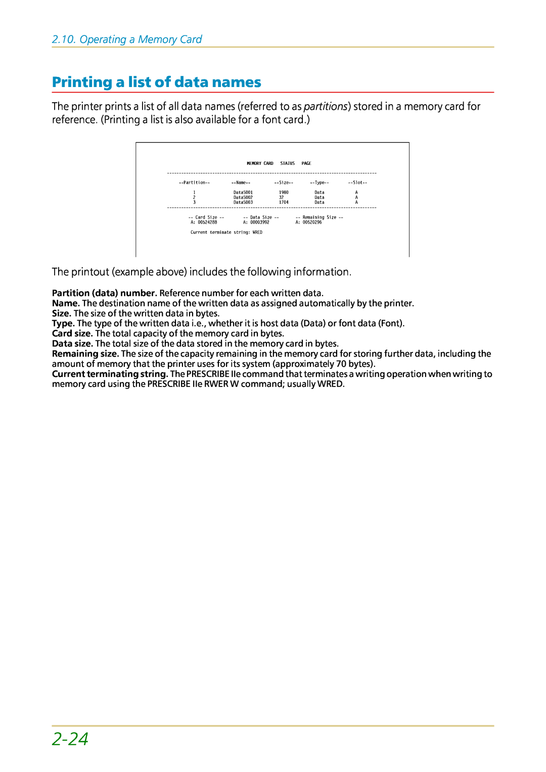 Kyocera FS-1700 user manual 2-24, Printing a list of data names, Operating a Memory Card 