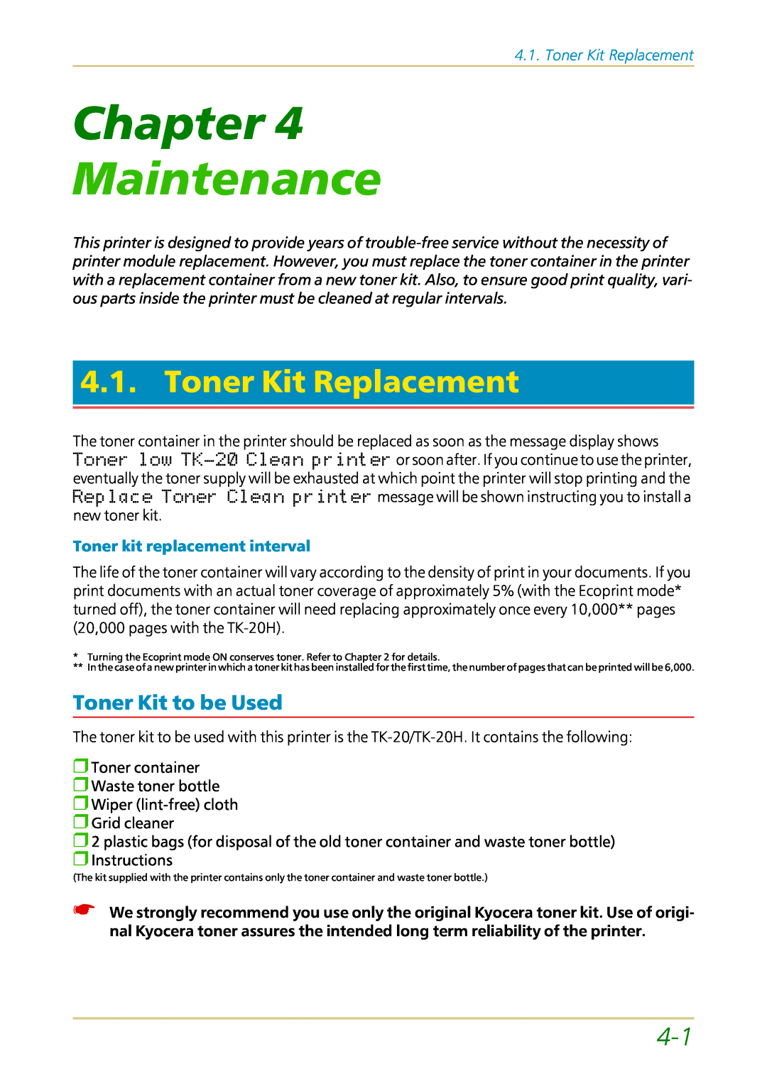 Kyocera FS-1700 Maintenance, Toner Kit Replacement, Toner Kit to be Used, Chapter, Toner kit replacement interval 