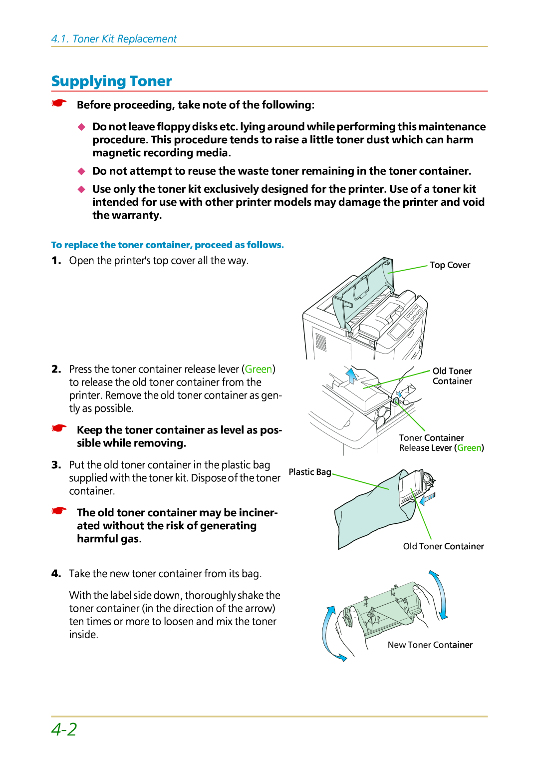 Kyocera FS-1700 user manual Supplying Toner, Toner Kit Replacement, Before proceeding, take note of the following 