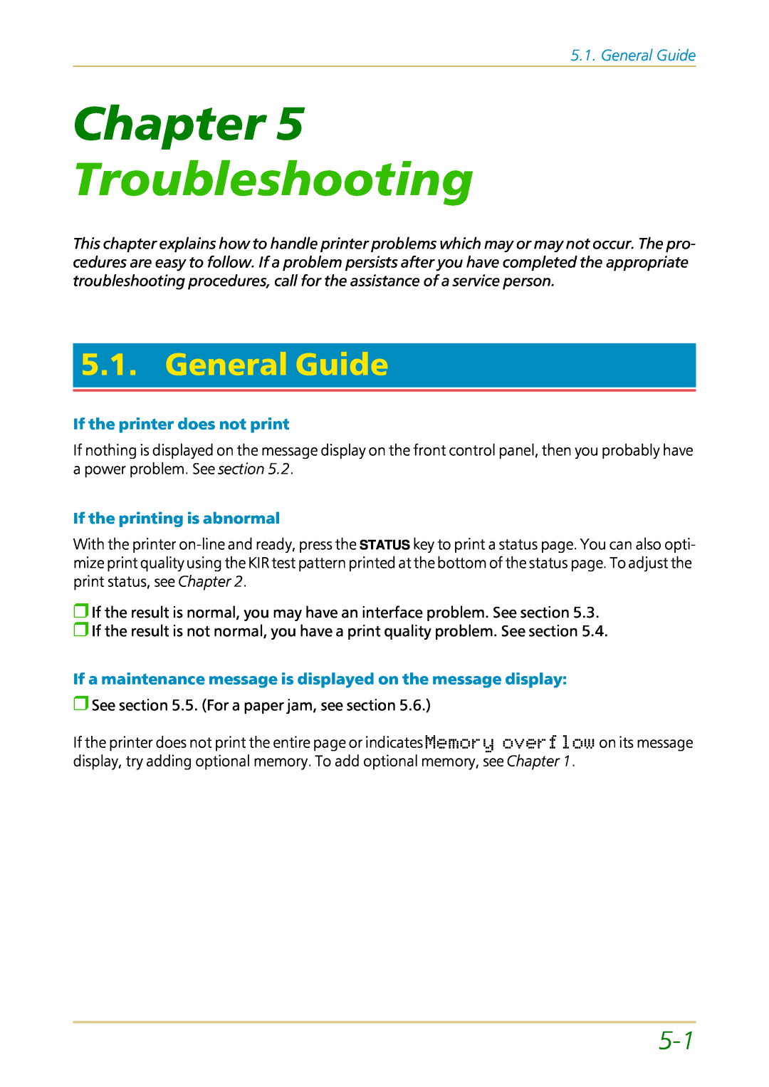 Kyocera FS-1700 Troubleshooting, General Guide, Chapter, If the printer does not print, If the printing is abnormal 