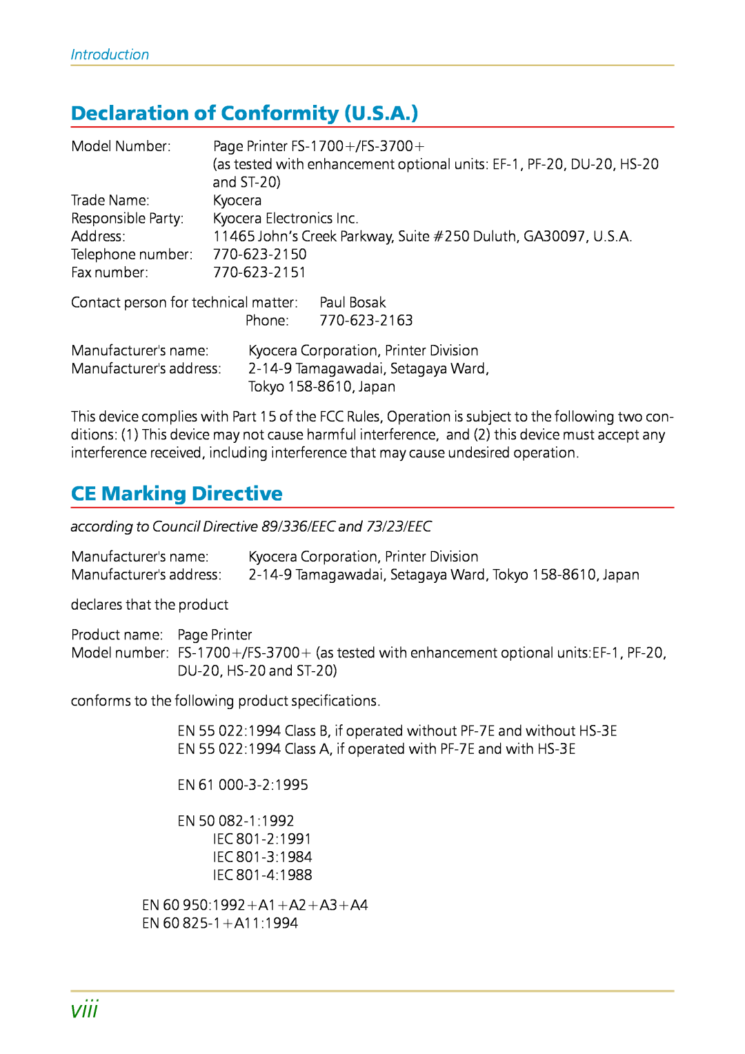 Kyocera FS-1700 user manual viii, Declaration of Conformity U.S.A, CE Marking Directive, Introduction 