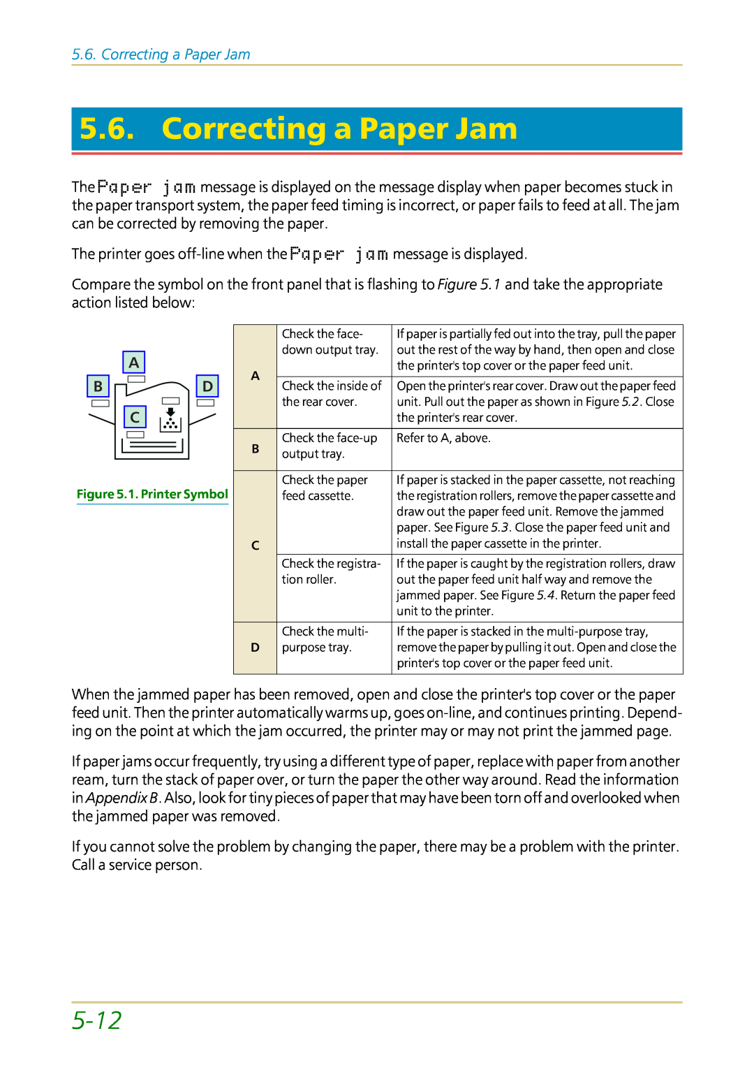 Kyocera FS-1700 user manual Correcting a Paper Jam, 5-12 