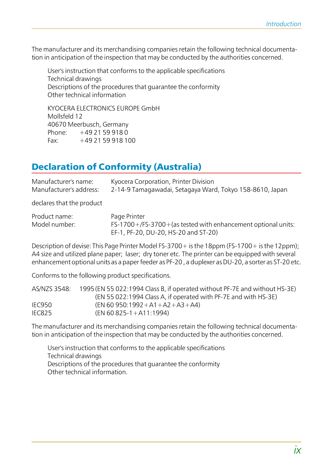 Kyocera FS-1700 user manual Declaration of Conformity Australia, EF-1, PF-20, DU-20, HS-20 and ST-20 