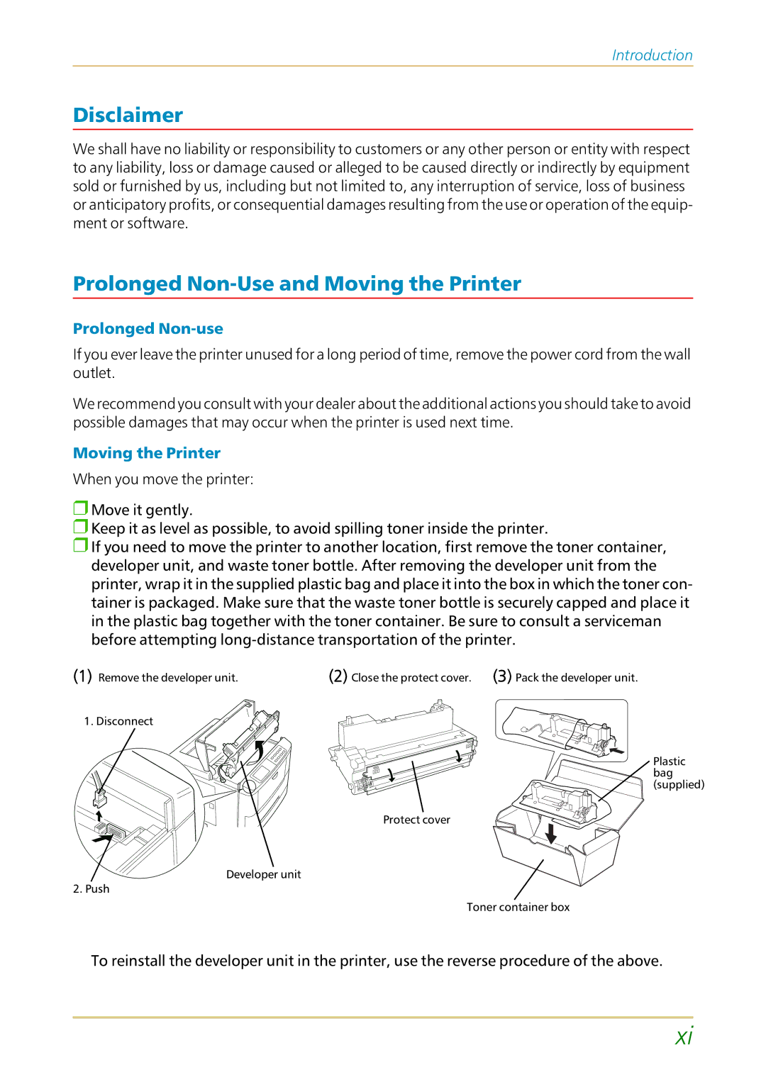 Kyocera FS-1700 user manual Disclaimer, Prolonged Non-Use and Moving the Printer, Prolonged Non-use 