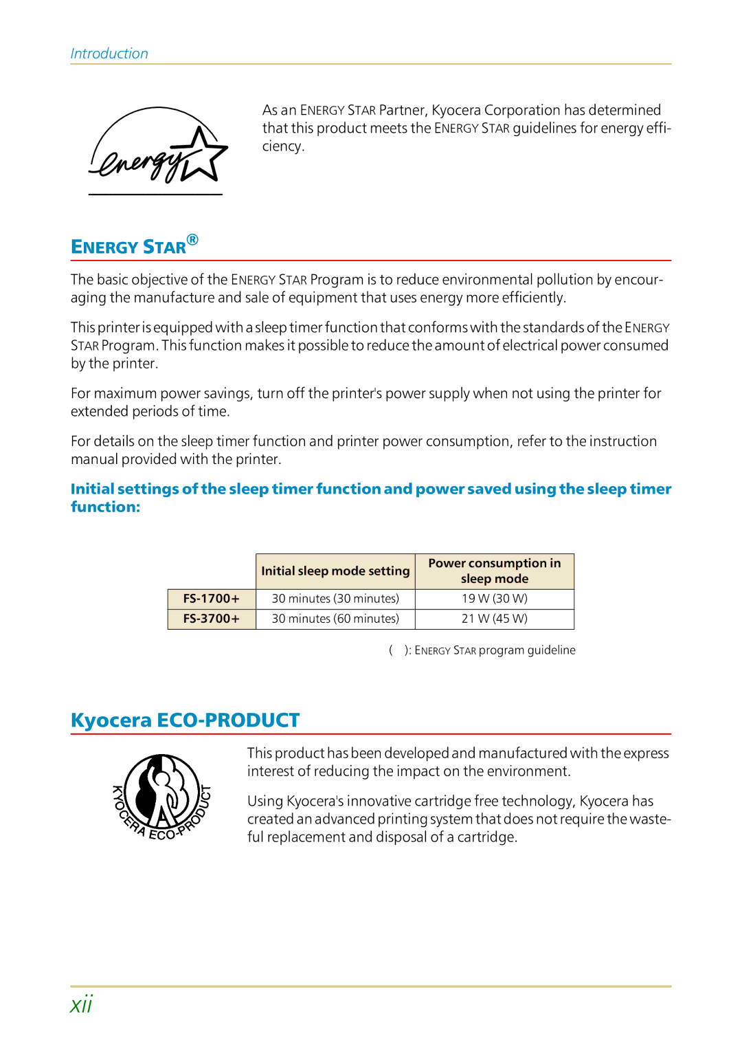 Kyocera user manual Kyocera ECO-PRODUCT, Initial sleep mode setting Power consumption, FS-1700+, FS-3700+ 