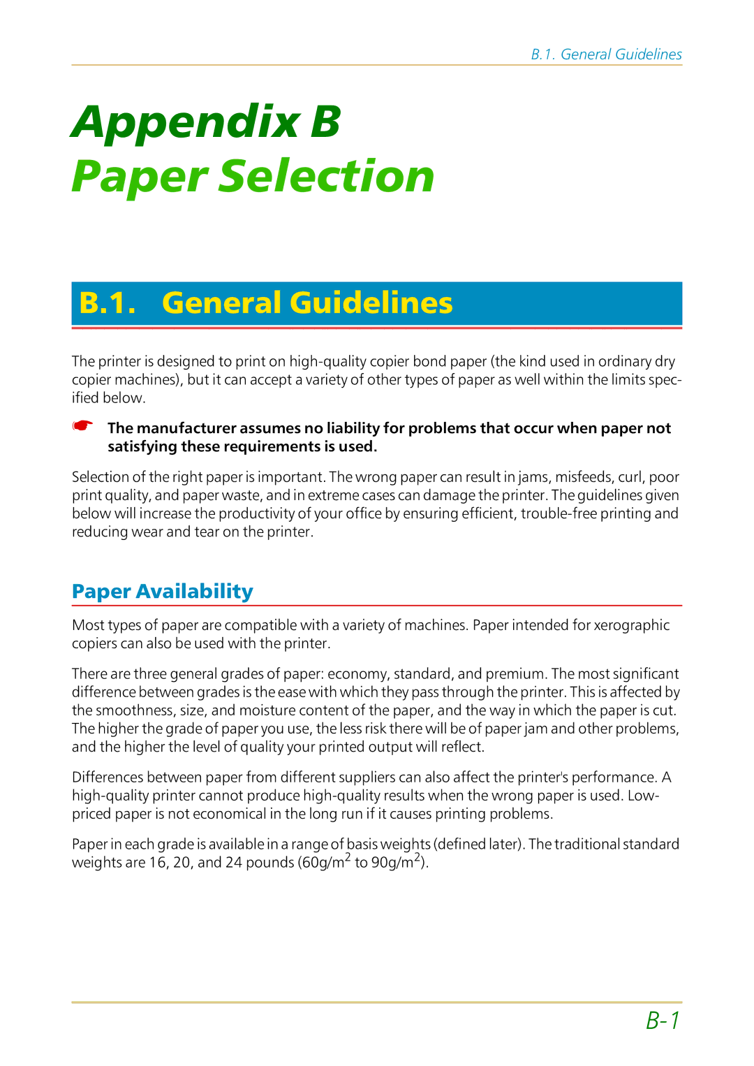 Kyocera FS-1700 user manual General Guidelines, Paper Availability 