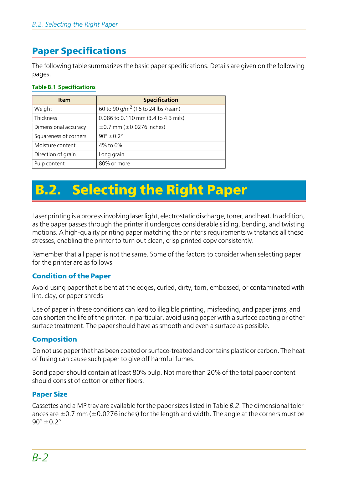 Kyocera FS-1700 Selecting the Right Paper, Paper Specifications, Condition of the Paper, Composition, Paper Size 