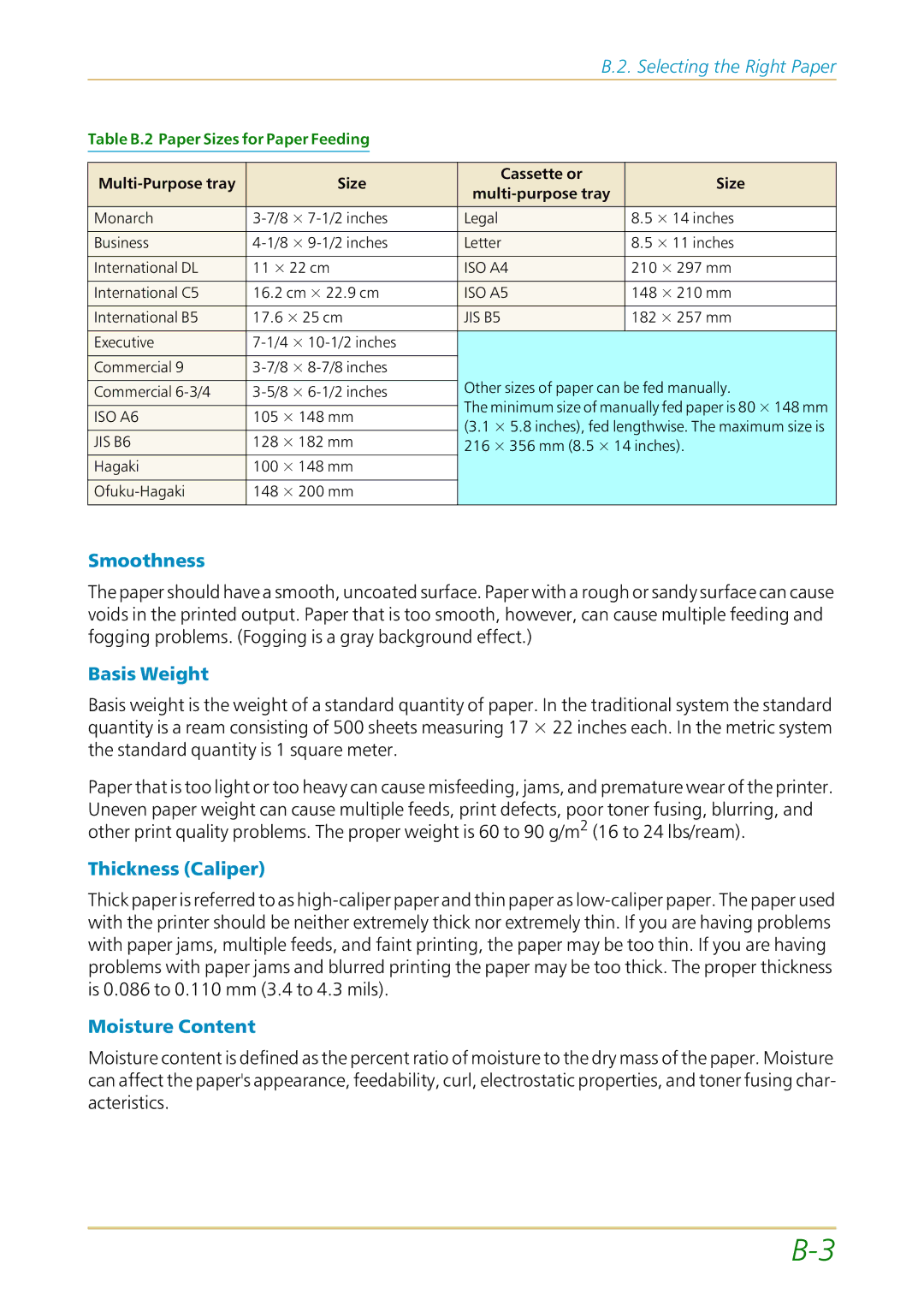 Kyocera FS-1700 user manual Smoothness, Basis Weight, Thickness Caliper, Moisture Content 