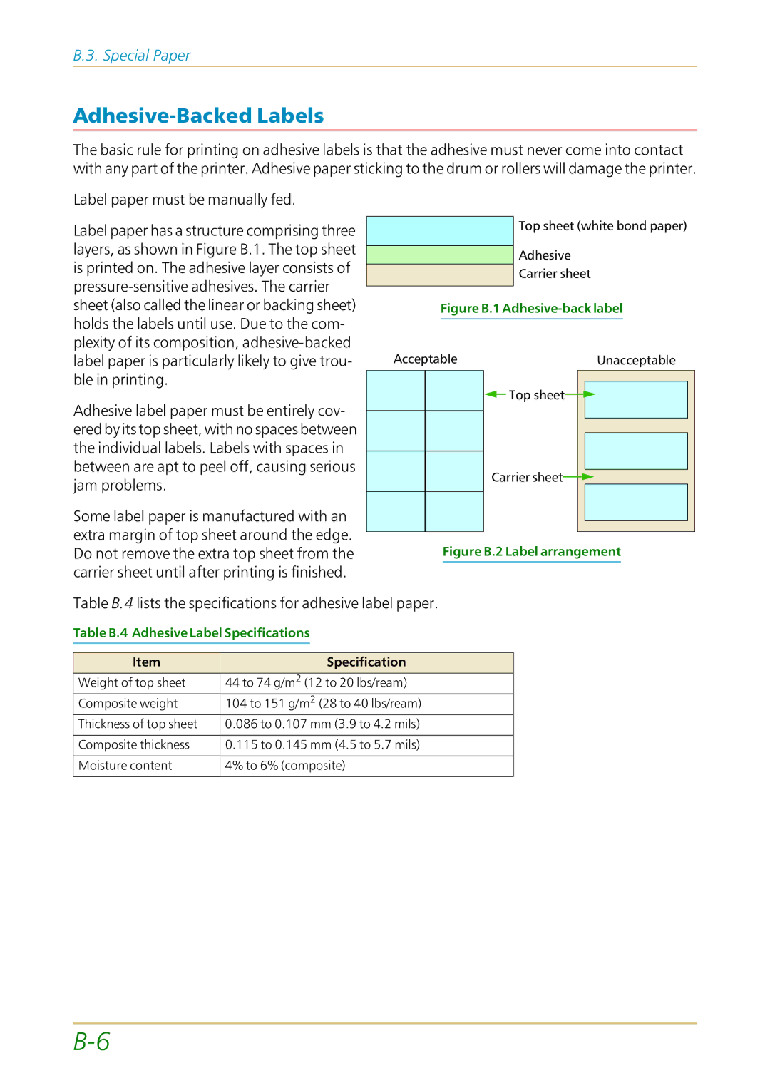 Kyocera FS-1700 user manual Adhesive-Backed Labels, Label paper must be manually fed 