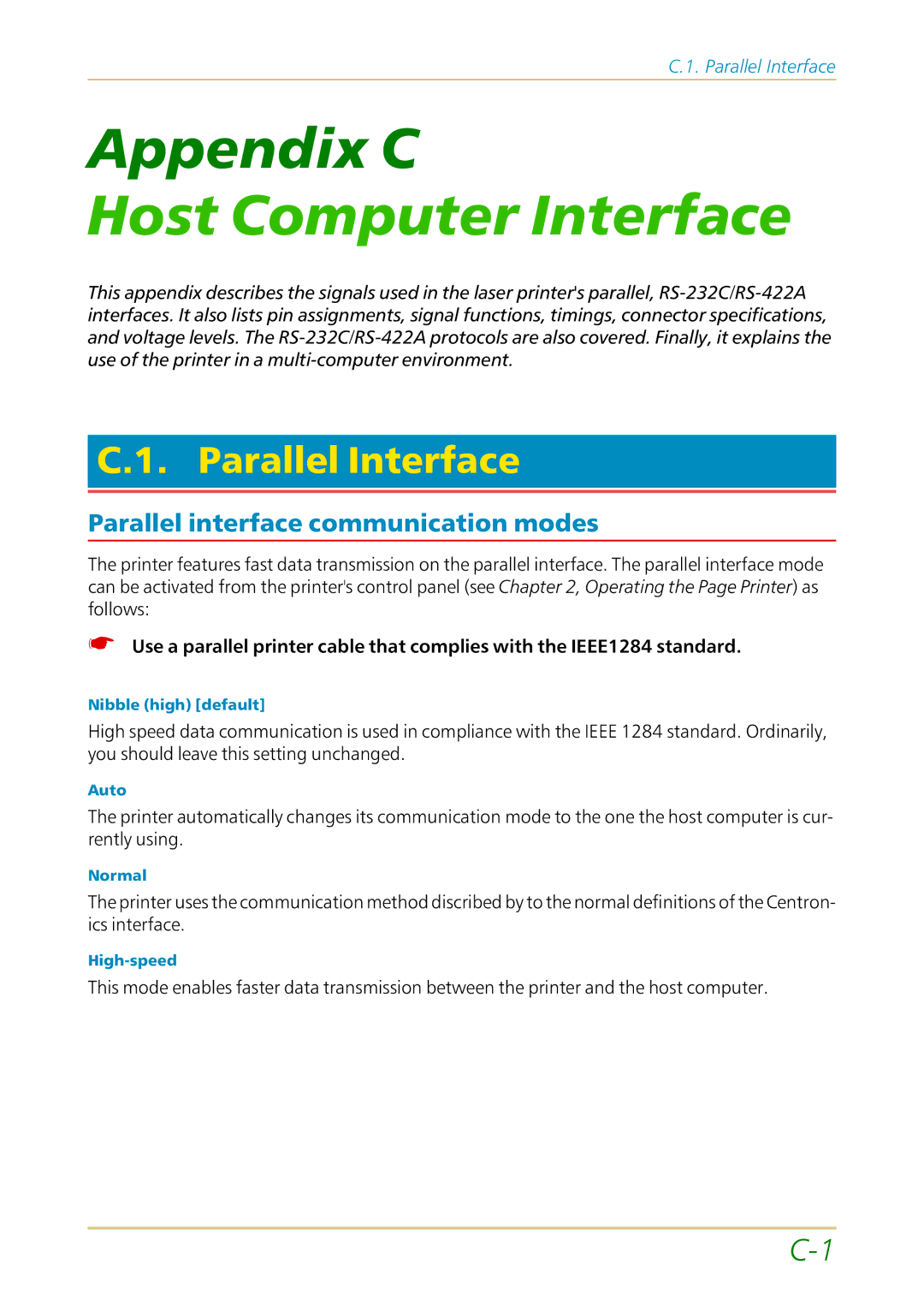 Kyocera FS-1700 user manual Parallel Interface, Parallel interface communication modes 