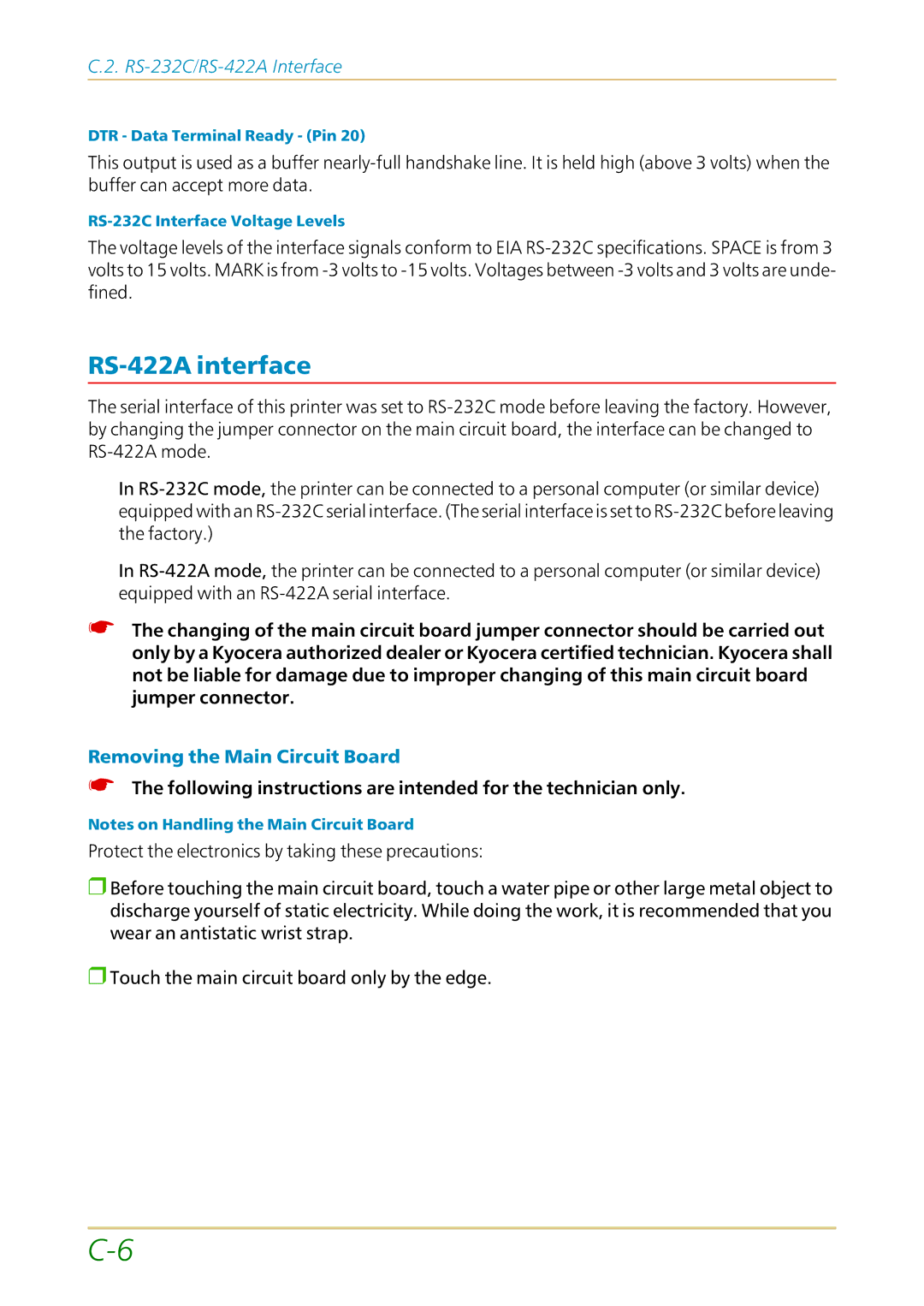 Kyocera FS-1700 user manual RS-422A interface, Removing the Main Circuit Board 