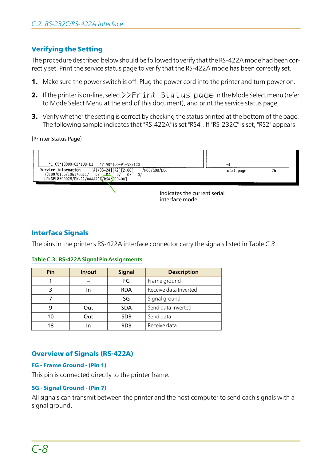 Kyocera FS-1700 user manual Verifying the Setting, Overview of Signals RS-422A 