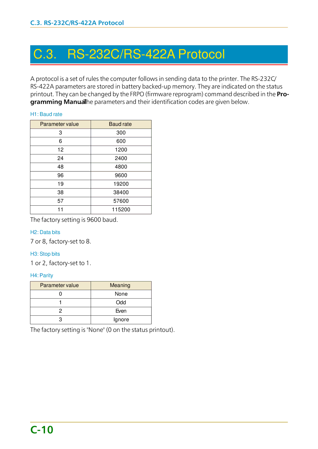 Kyocera FS-1700 user manual RS-232C/RS-422A Protocol, Parameter value Baud rate, Parameter value Meaning 