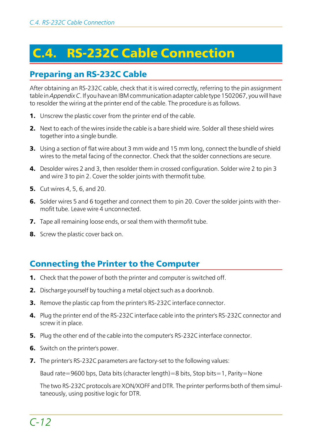 Kyocera FS-1700 user manual RS-232C Cable Connection, Preparing an RS-232C Cable, Connecting the Printer to the Computer 