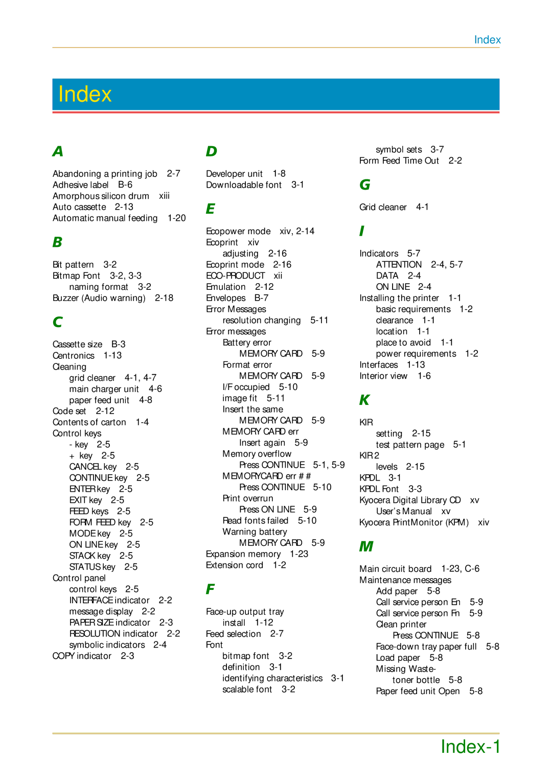 Kyocera FS-1700 user manual Index, Xiii 