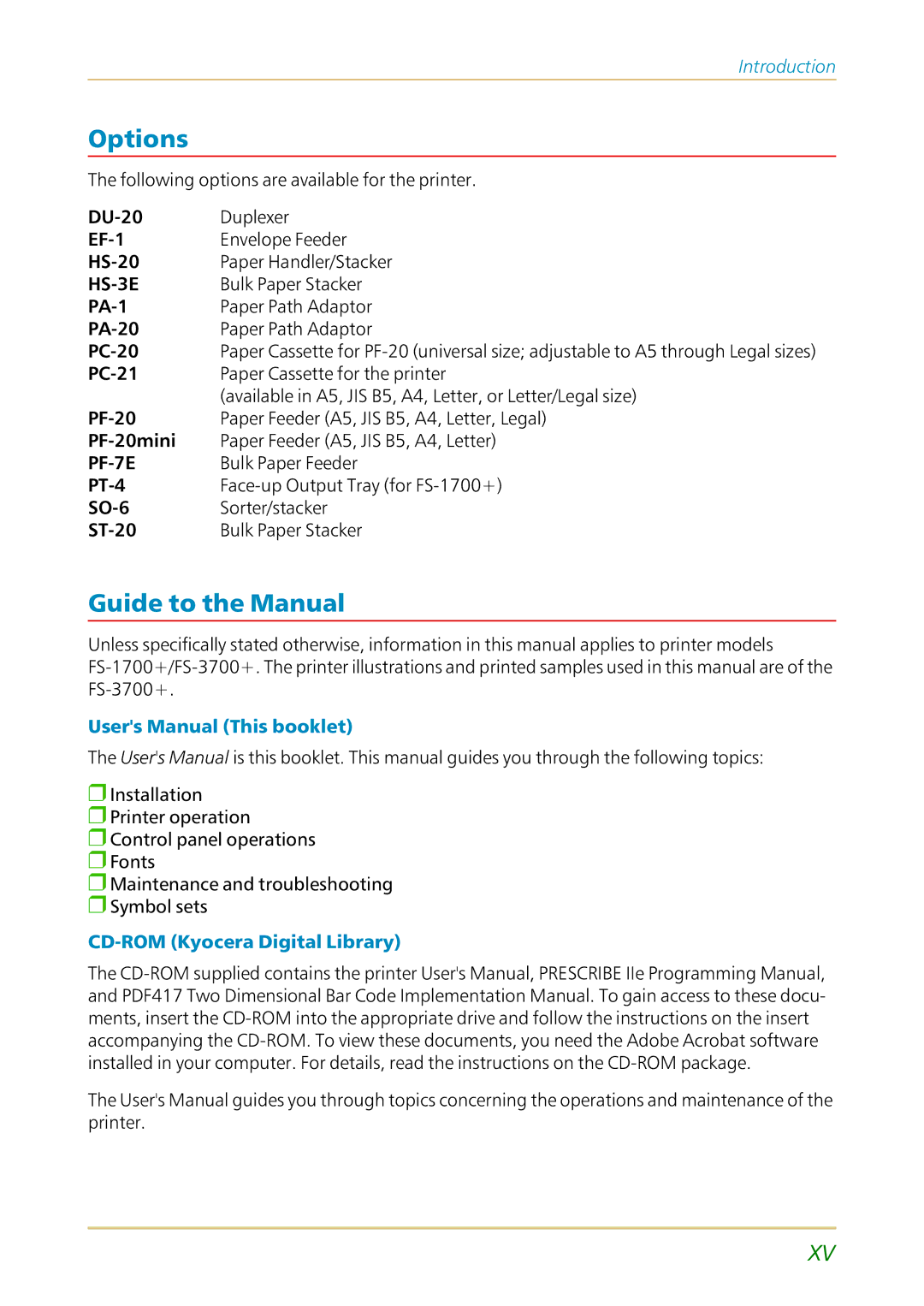 Kyocera FS-1700 user manual Options, Guide to the Manual, CD-ROM Kyocera Digital Library 