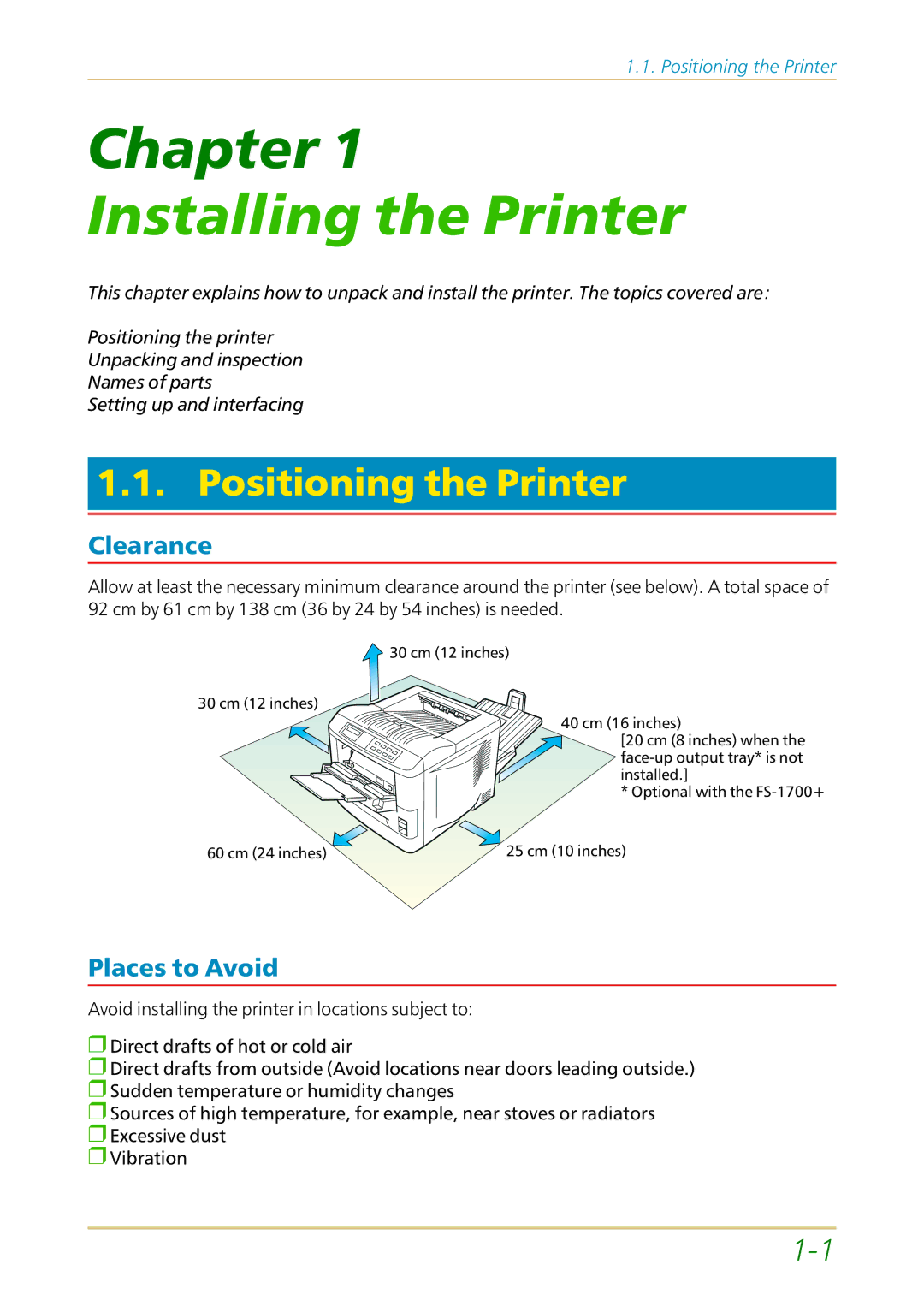 Kyocera FS-1700 user manual Positioning the Printer, Clearance, Places to Avoid 