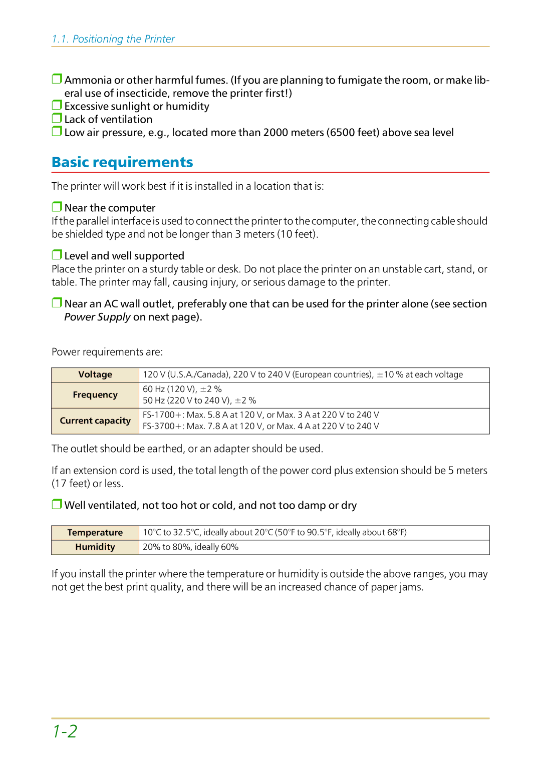 Kyocera FS-1700 user manual Basic requirements, Voltage, Current capacity 