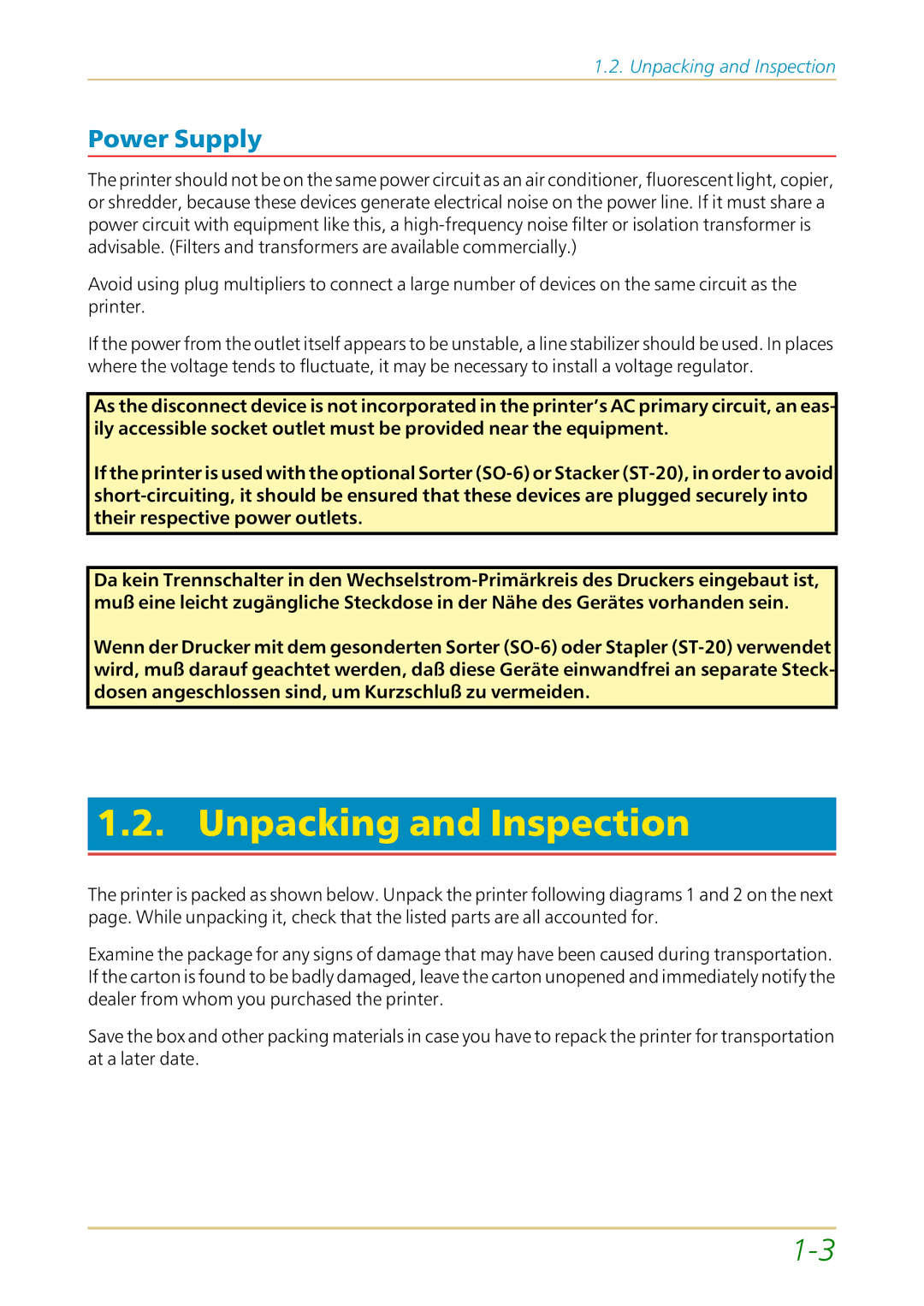 Kyocera FS-1700 user manual Unpacking and Inspection, Power Supply 