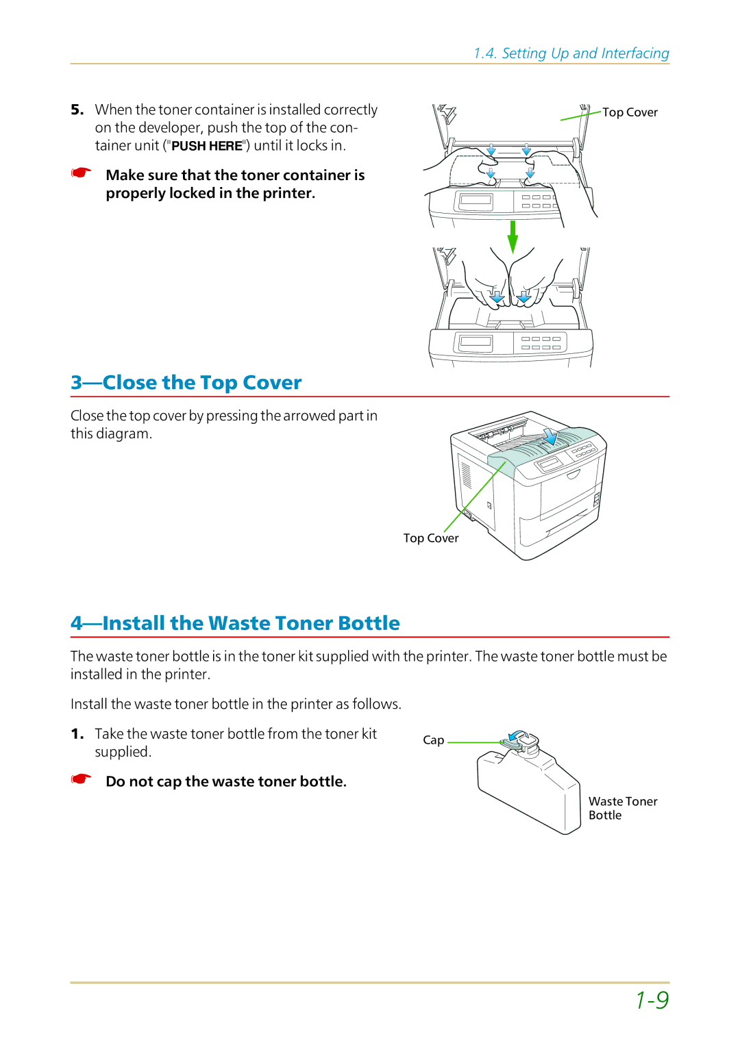 Kyocera FS-1700 user manual Close the Top Cover, Install the Waste Toner Bottle 