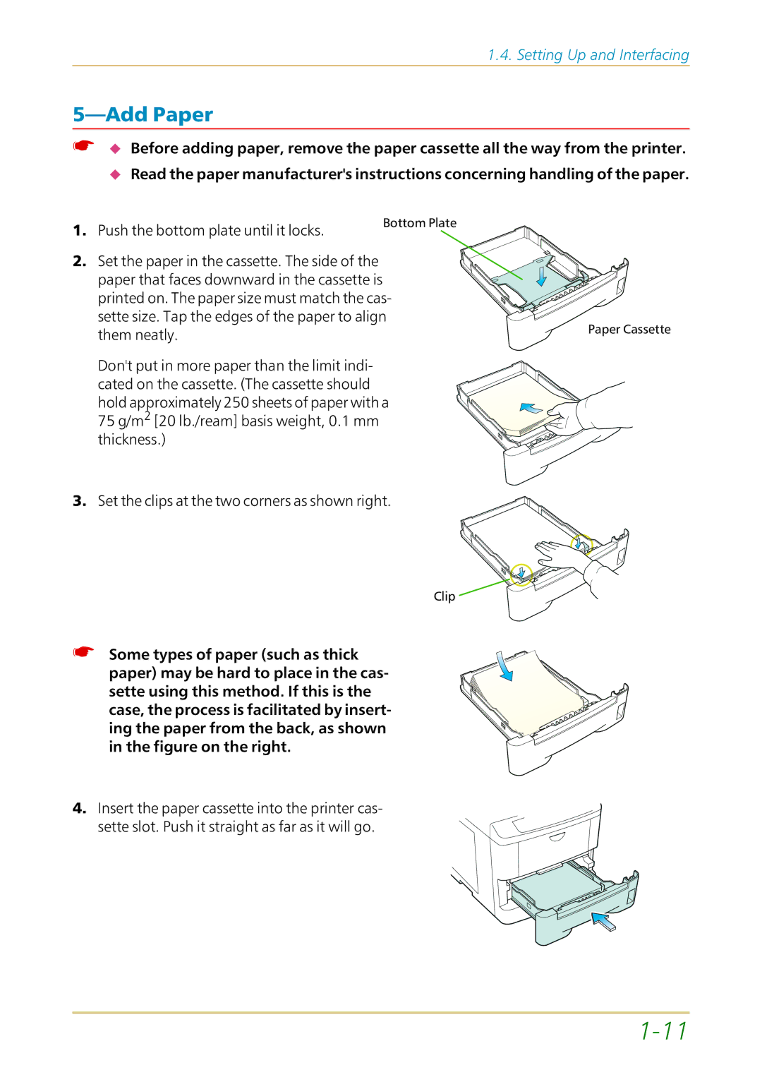 Kyocera FS-1700 user manual Add Paper, Push the bottom plate until it locks 