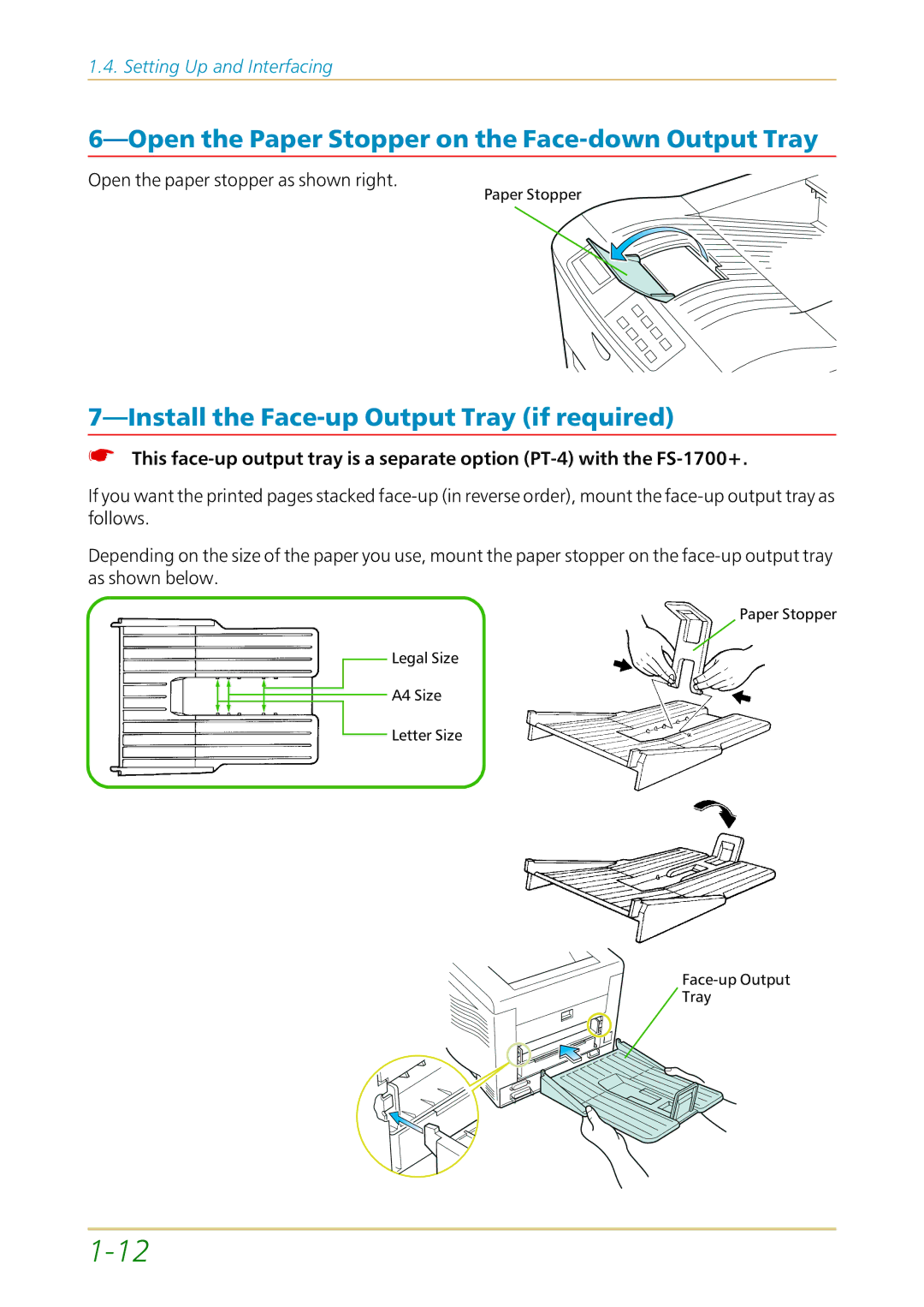 Kyocera FS-1700 Open the Paper Stopper on the Face-down Output Tray, Install the Face-up Output Tray if required 