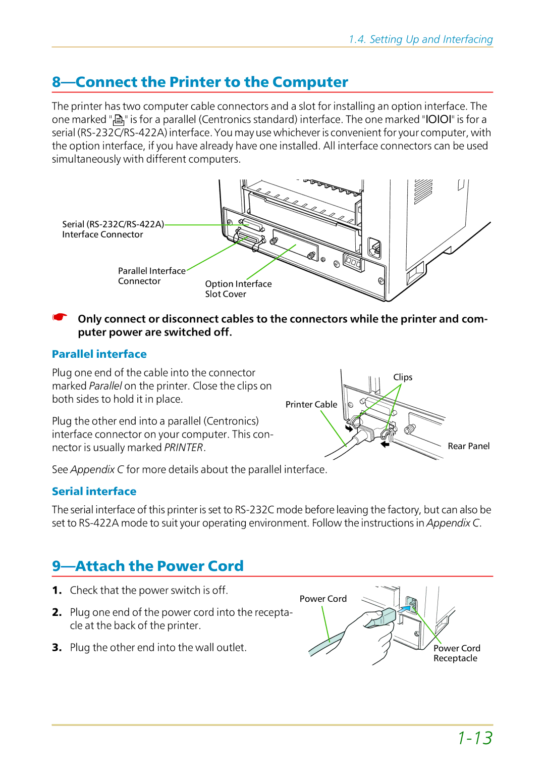 Kyocera FS-1700 Connect the Printer to the Computer, Attach the Power Cord, Parallel interface, Serial interface 