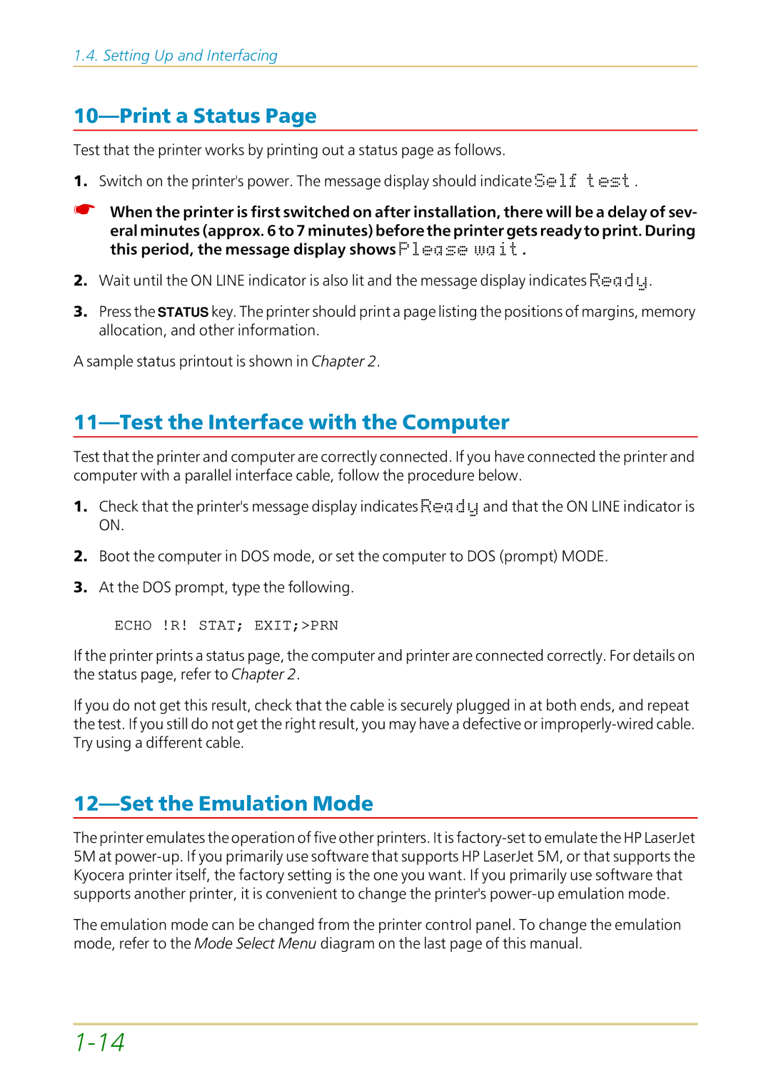 Kyocera FS-1700 user manual Print a Status, Test the Interface with the Computer, Set the Emulation Mode 