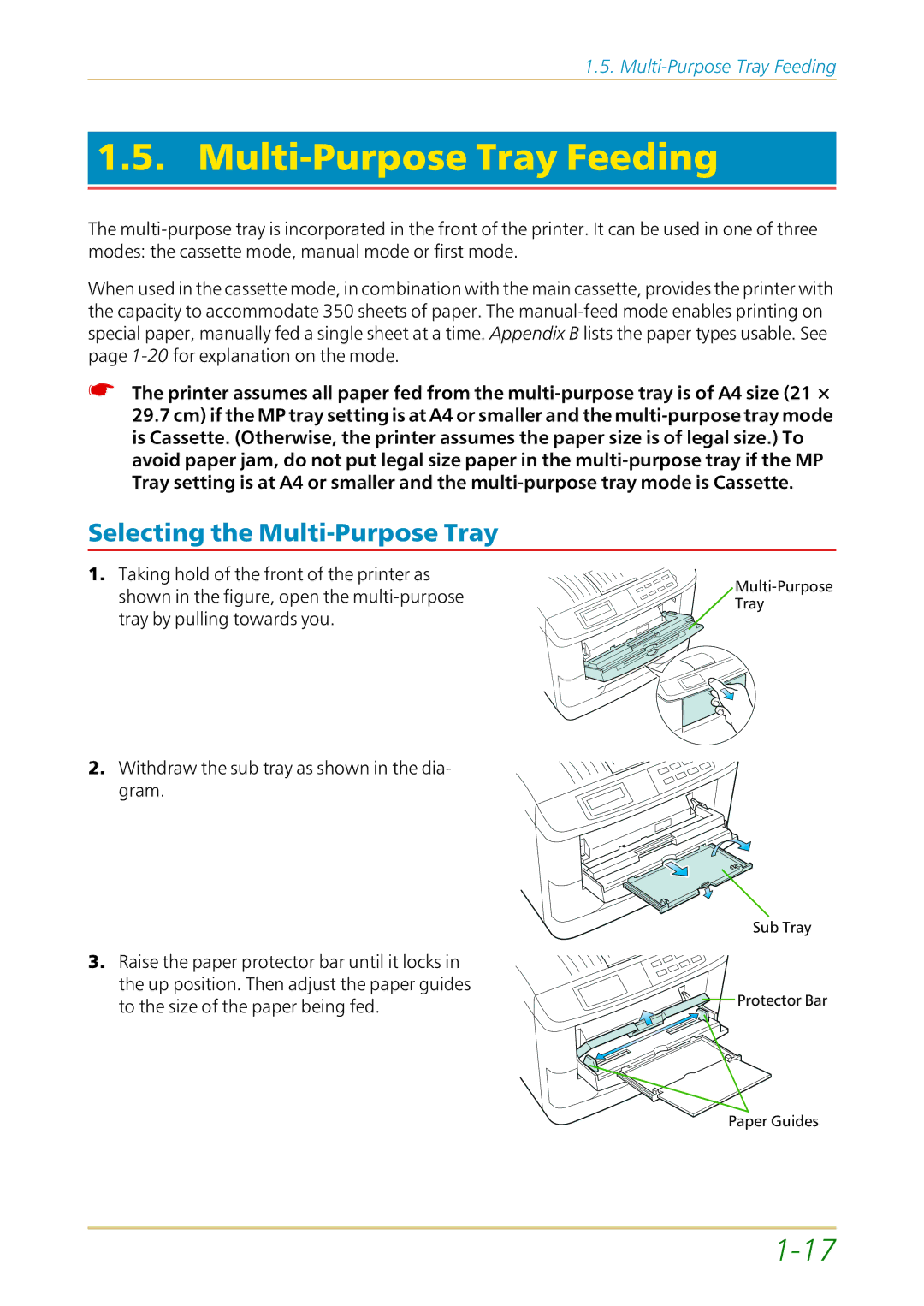 Kyocera FS-1700 user manual Multi-Purpose Tray Feeding, Selecting the Multi-Purpose Tray 