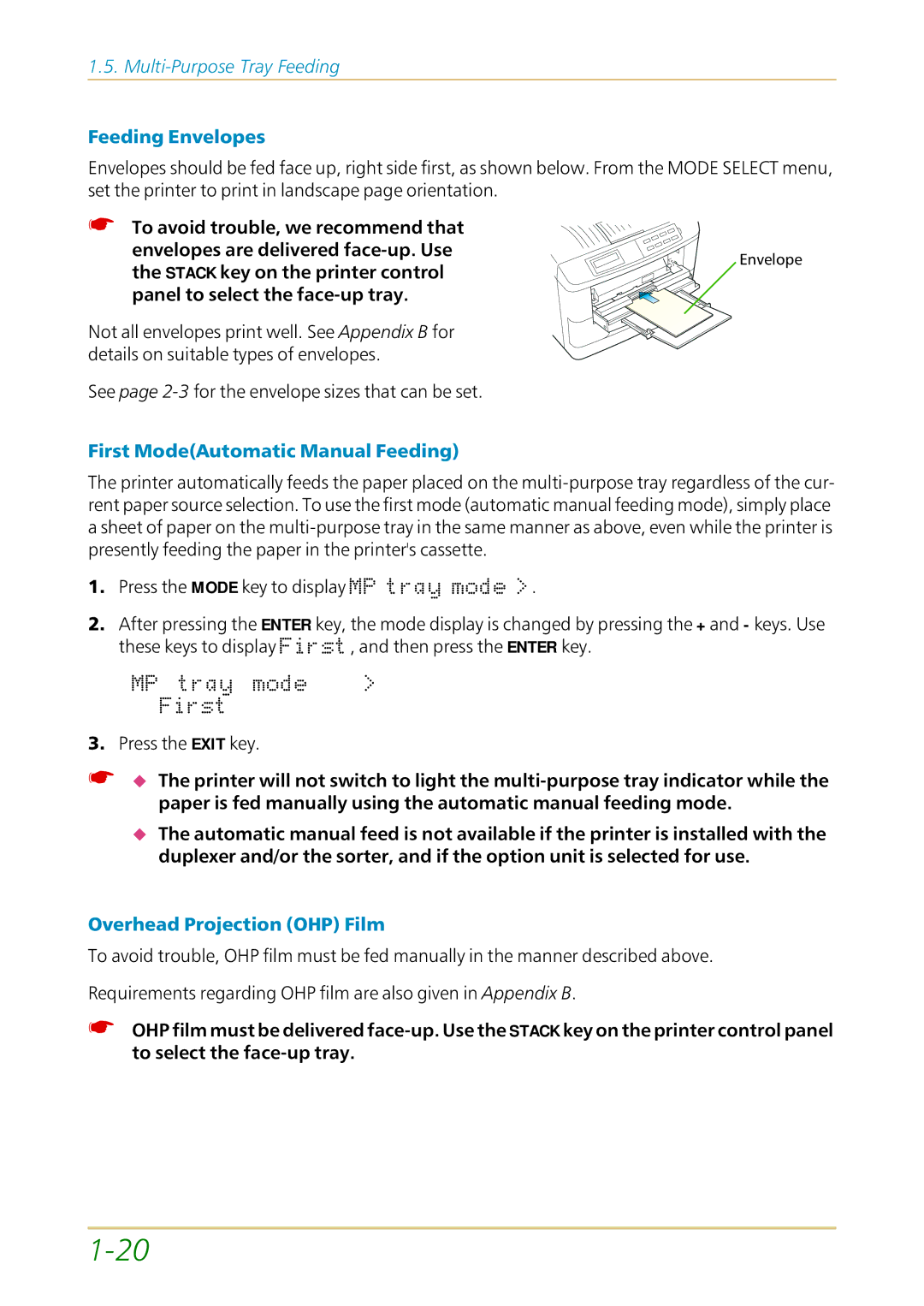 Kyocera FS-1700 user manual Feeding Envelopes, First ModeAutomatic Manual Feeding, Overhead Projection OHP Film 