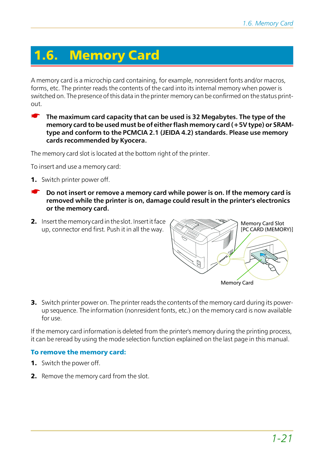 Kyocera FS-1700 user manual Memory Card, To remove the memory card 