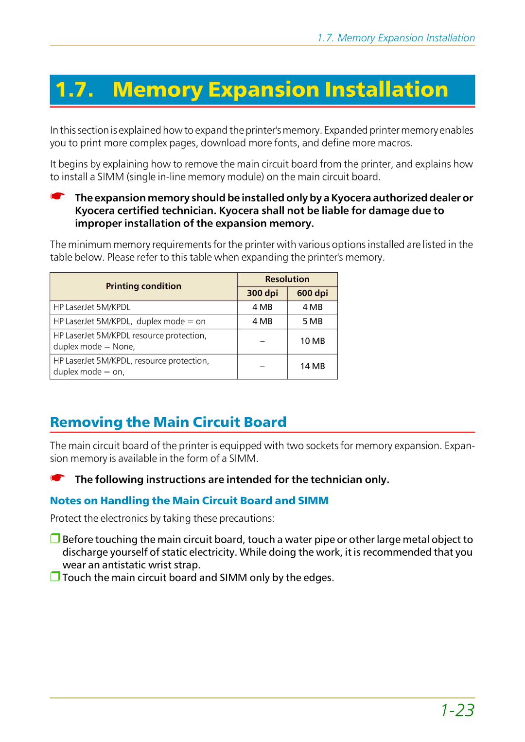 Kyocera FS-1700 user manual Memory Expansion Installation, Removing the Main Circuit Board 