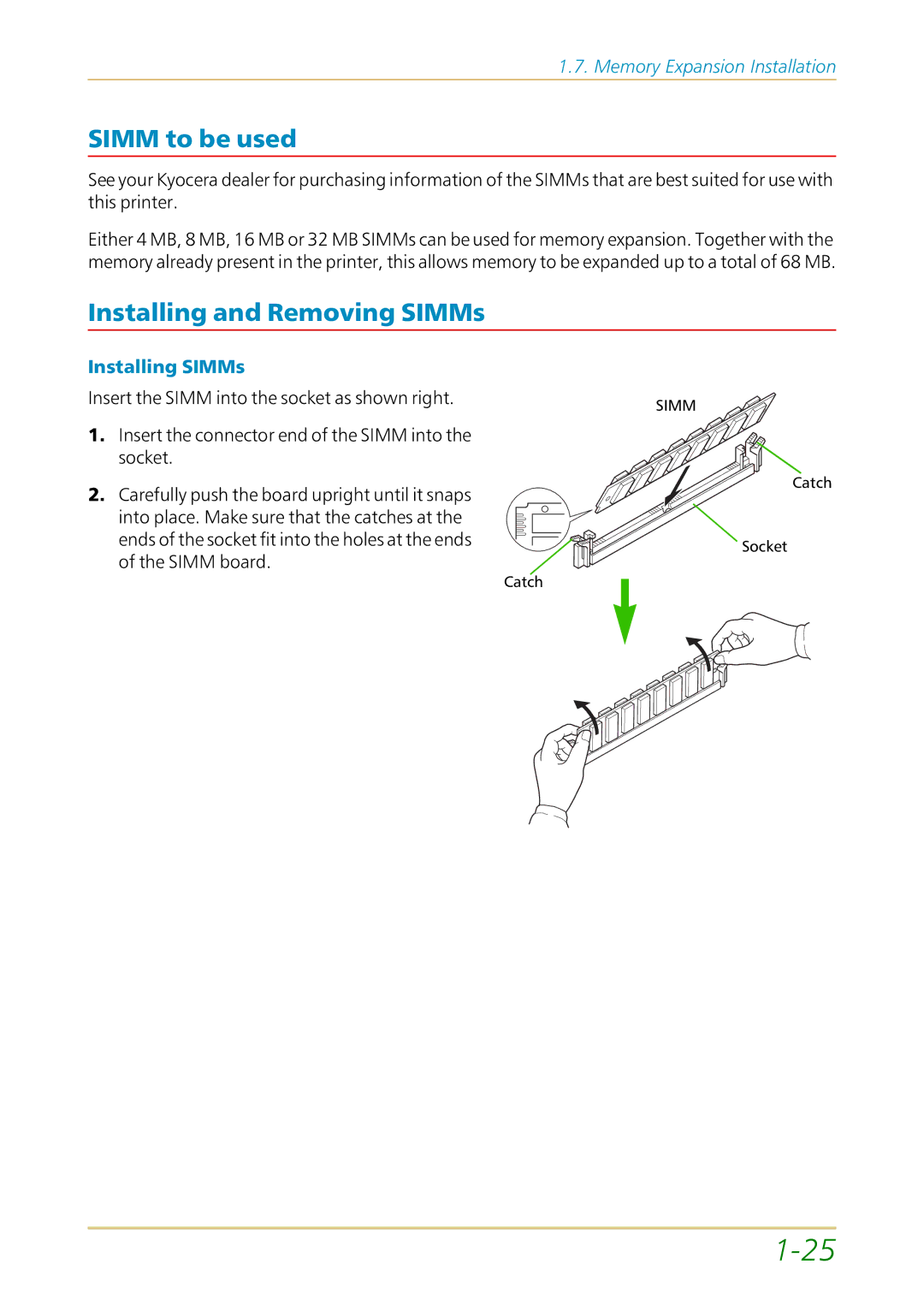 Kyocera FS-1700 user manual Simm to be used, Installing and Removing SIMMs, Installing SIMMs 