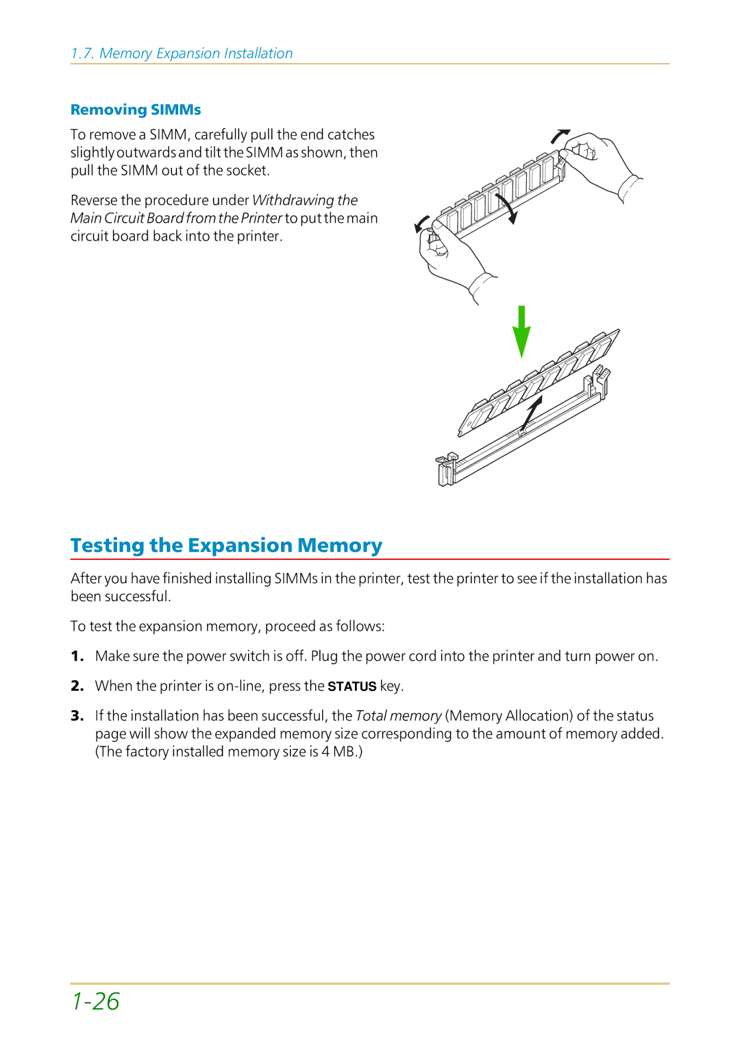 Kyocera FS-1700 user manual Testing the Expansion Memory, Removing SIMMs 