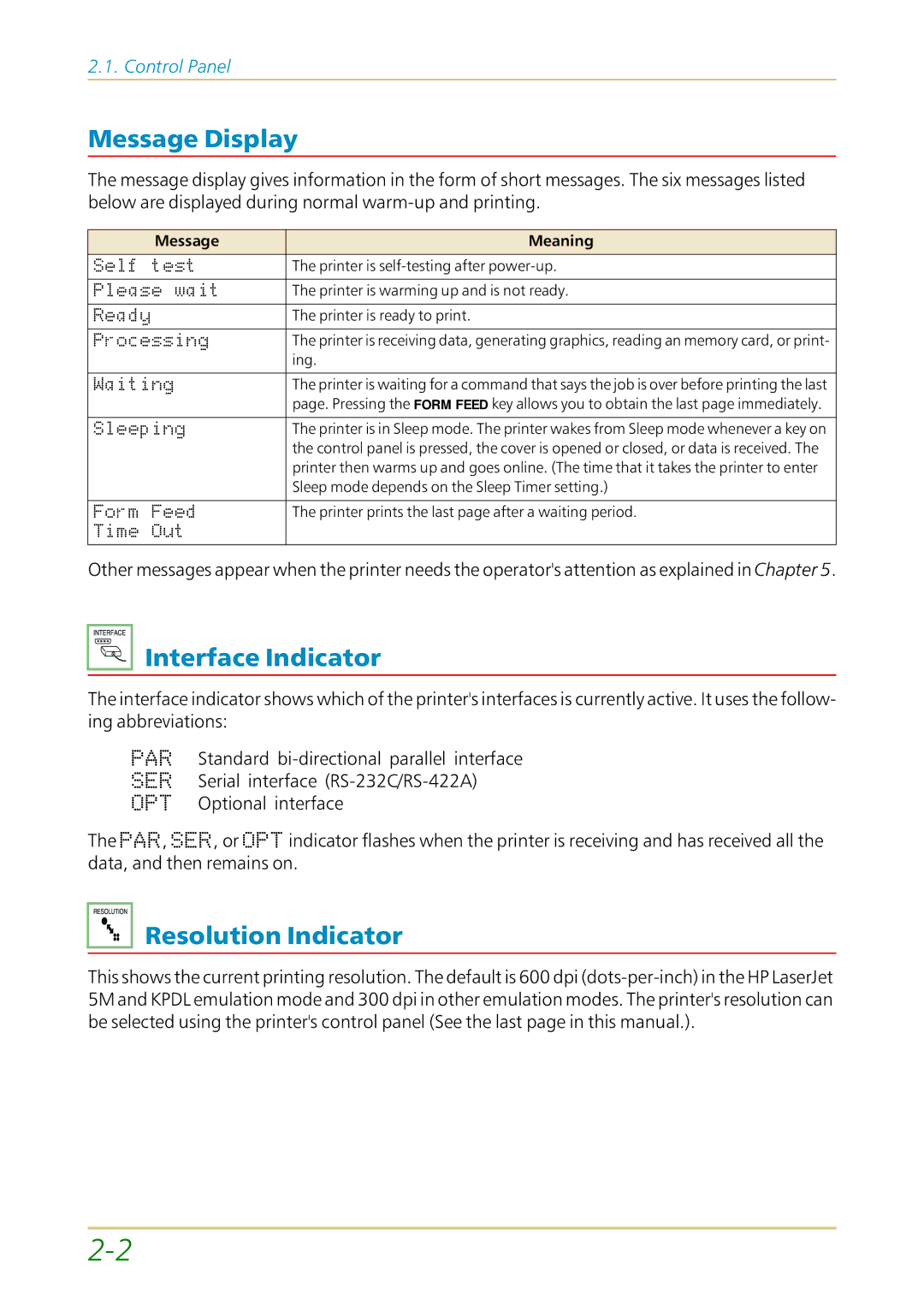 Kyocera FS-1700 user manual Message Display, Interface Indicator, Resolution Indicator, Message Meaning 