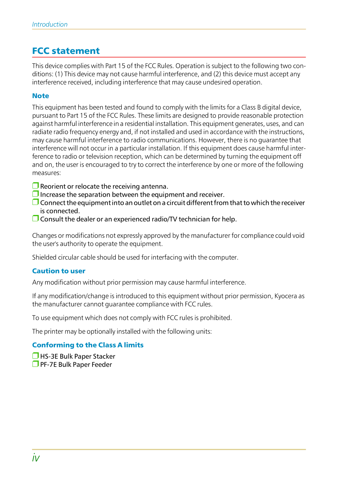 Kyocera FS-1700 user manual FCC statement, Conforming to the Class a limits 