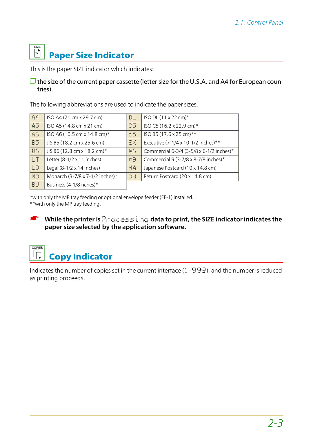 Kyocera FS-1700 user manual Paper Size Indicator, Copy Indicator 