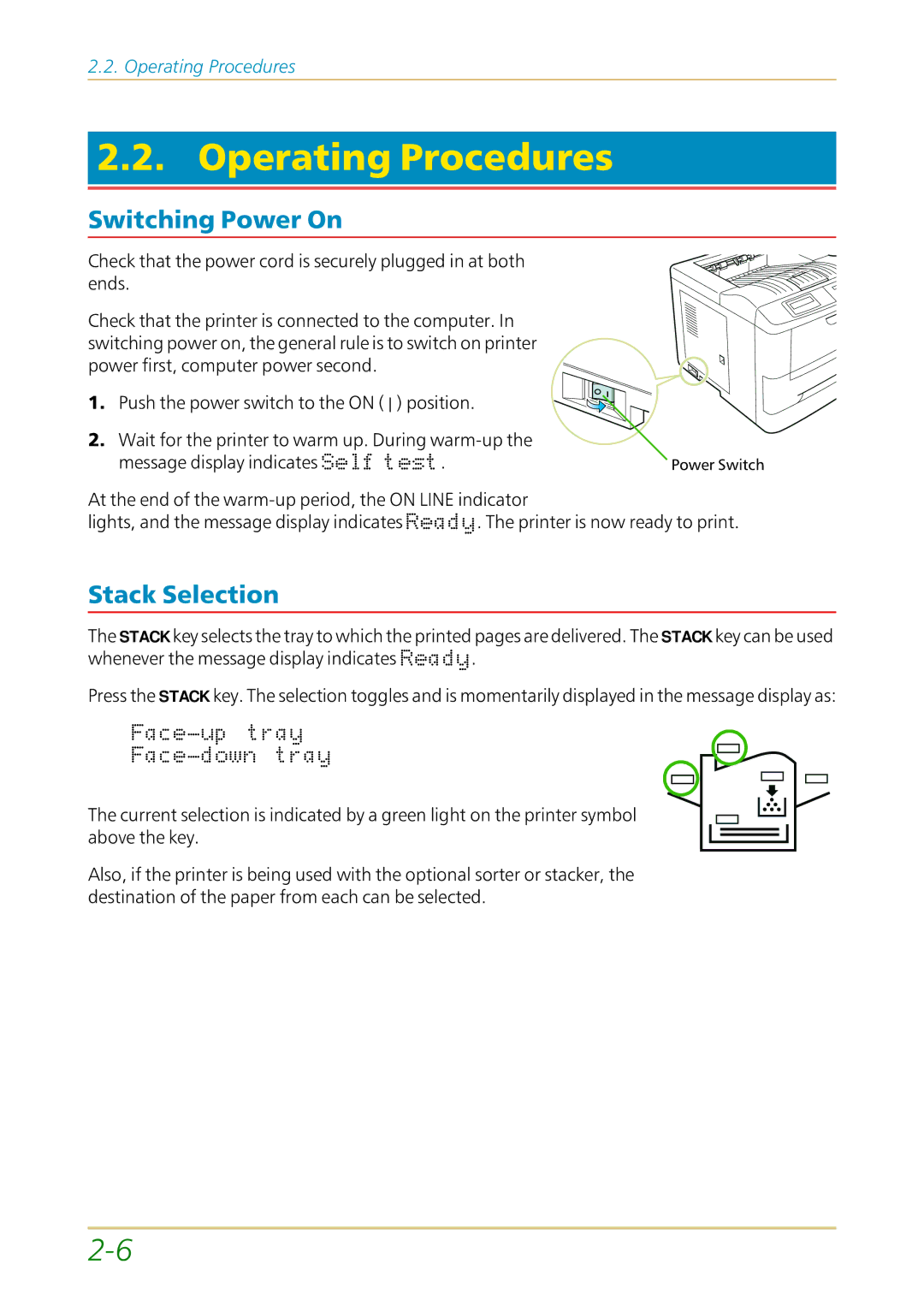 Kyocera FS-1700 user manual Operating Procedures, Switching Power On, Stack Selection 