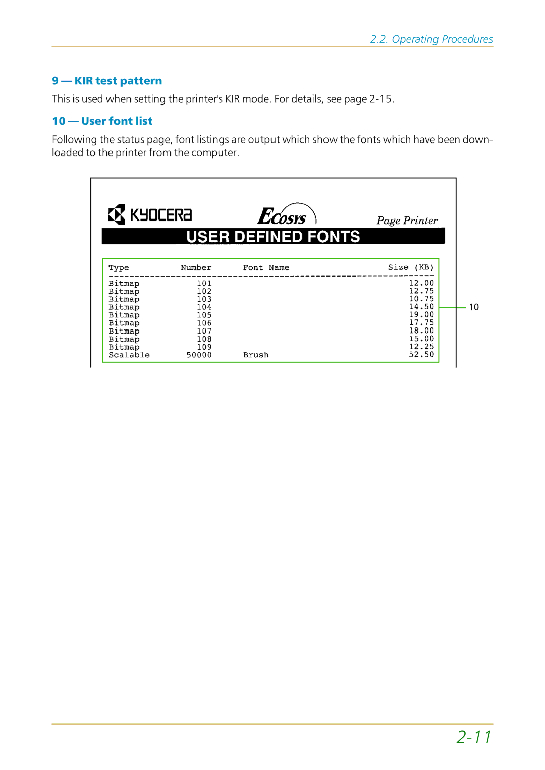 Kyocera FS-1700 user manual KIR test pattern, User font list 