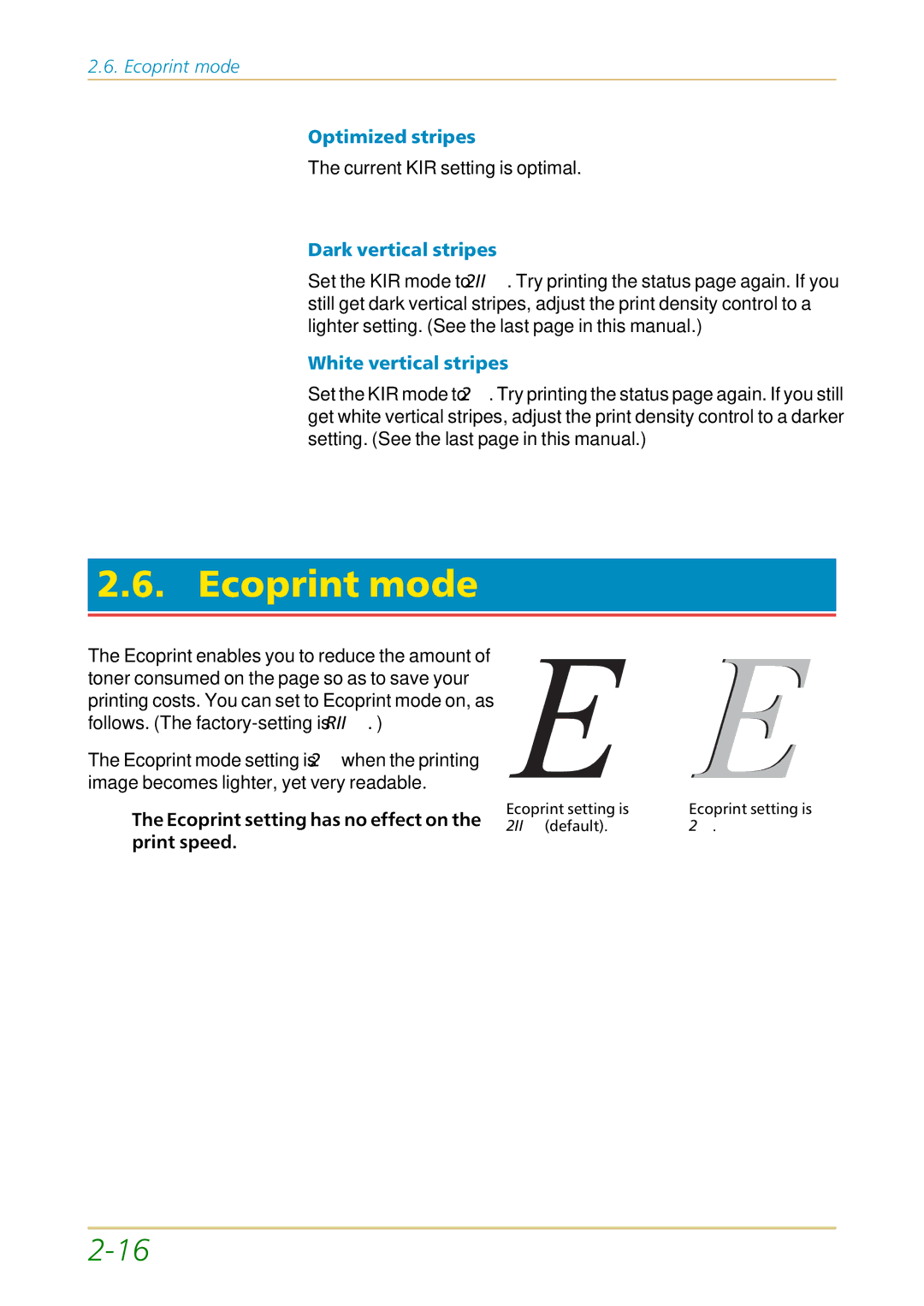 Kyocera FS-1700 user manual Ecoprint mode, Optimized stripes, Dark vertical stripes, White vertical stripes 