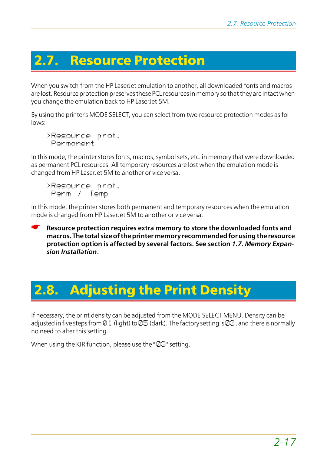 Kyocera FS-1700 user manual Resource Protection, Adjusting the Print Density 